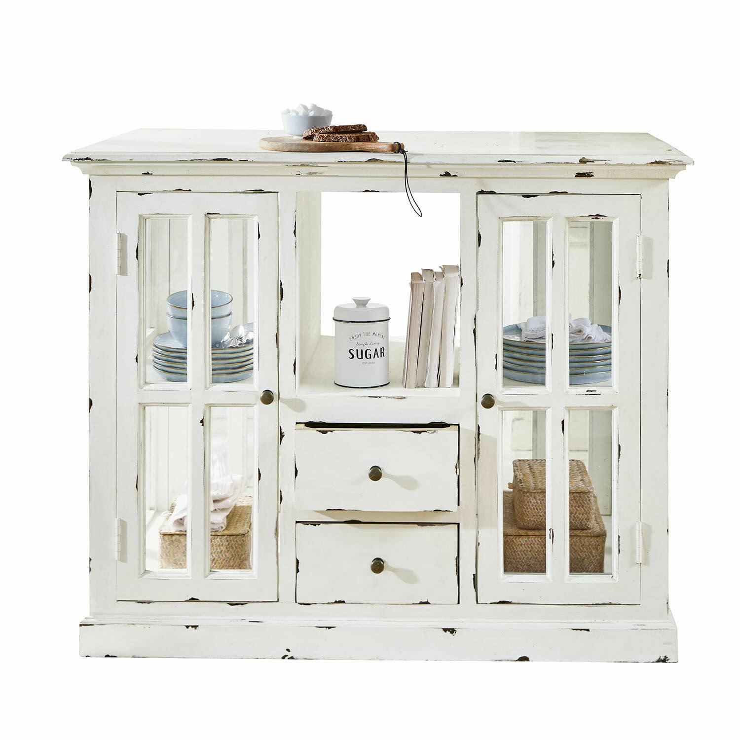 Mueble de cocina Catigny Aparador de madera blanca con puertas de cristal y cajones, mueble vintage para almacenamiento