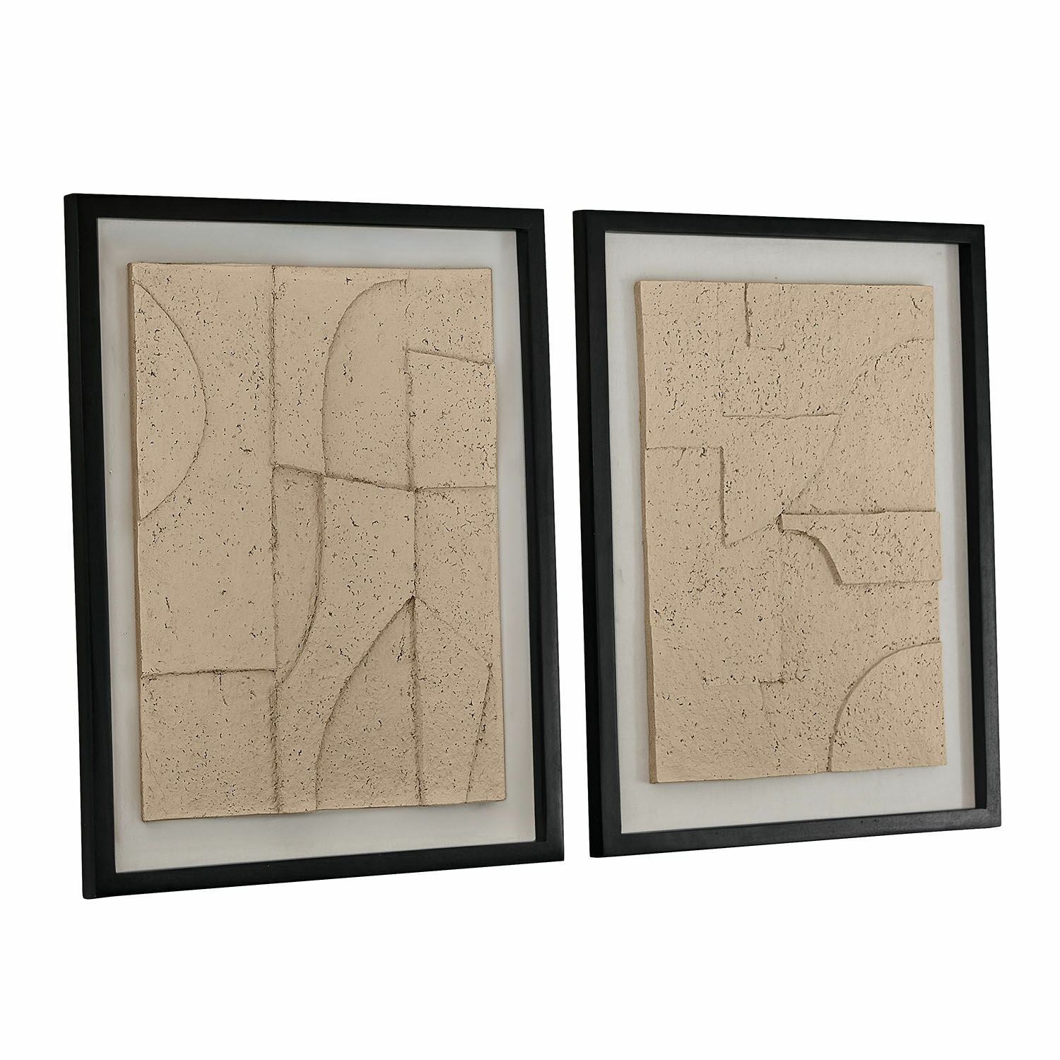 Conjunto de dos decoraciones de pared de piedra beige en marcos negros, arte mural moderno
