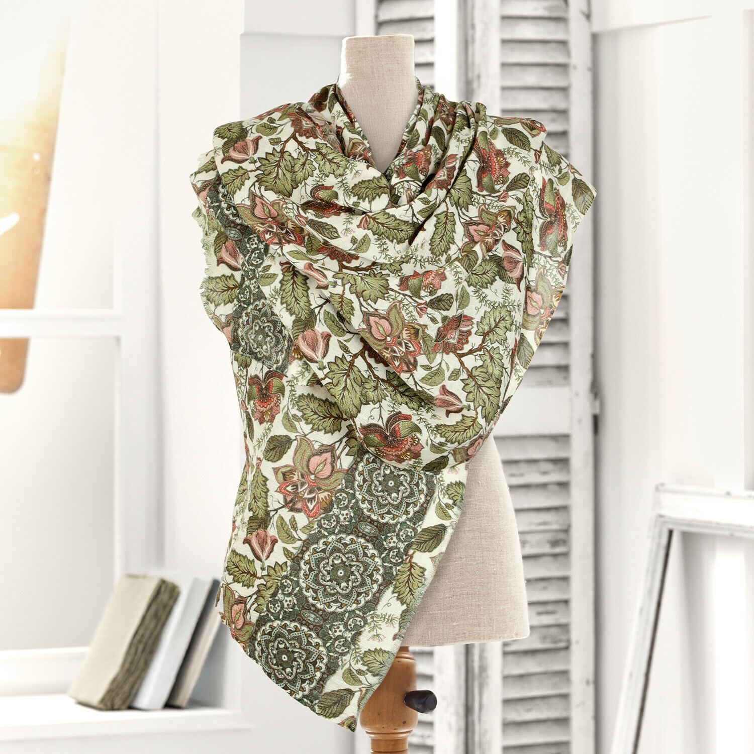 Chal Presquer Bufanda de algodón con estampado floral verde y rosa, accesorio ligero y decorativo para ropa