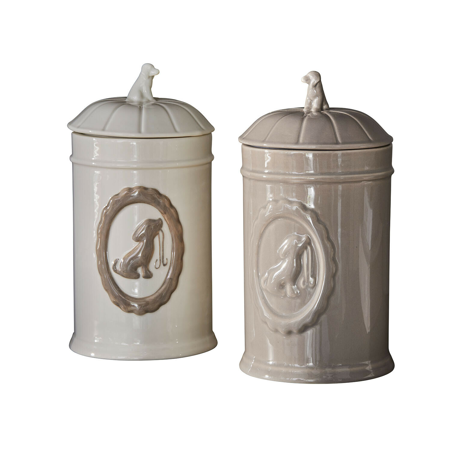 Set de 2 tarros Ruunja Botes de cerámica crema y beige con diseño de perro para golosinas de perros