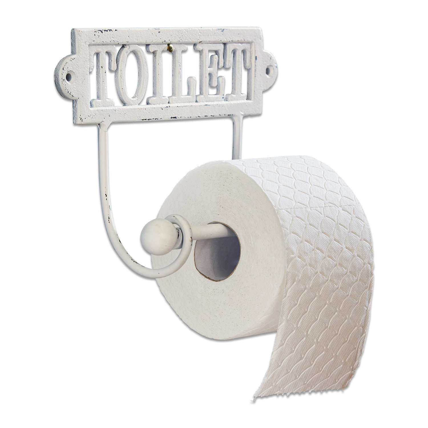 Soporte de papel higiénico de metal blanco con texto TOILET estilo vintage para baño