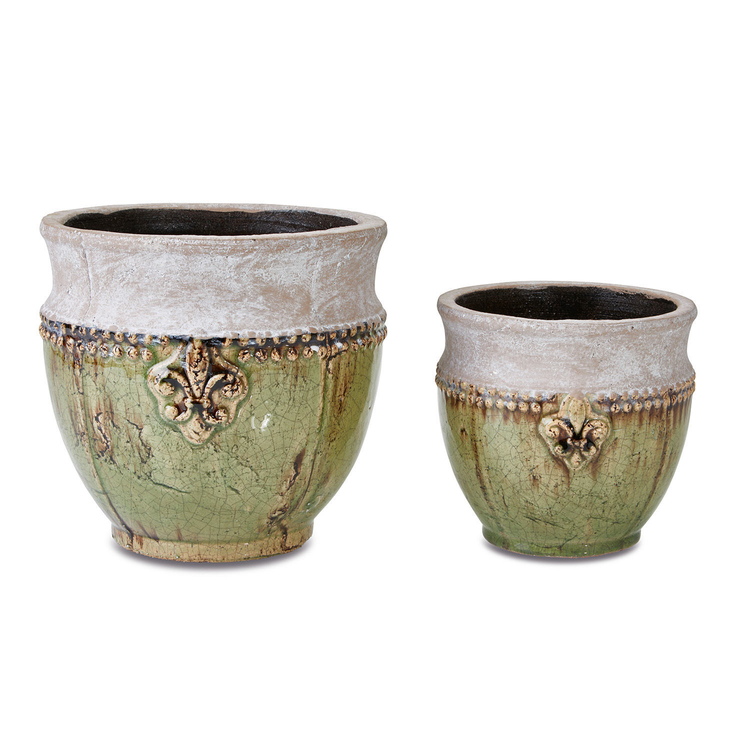 Set de 2 macetas Montcony Conjunto de dos macetas de cerámica verde y beige con diseño decorativo y textura envejecida