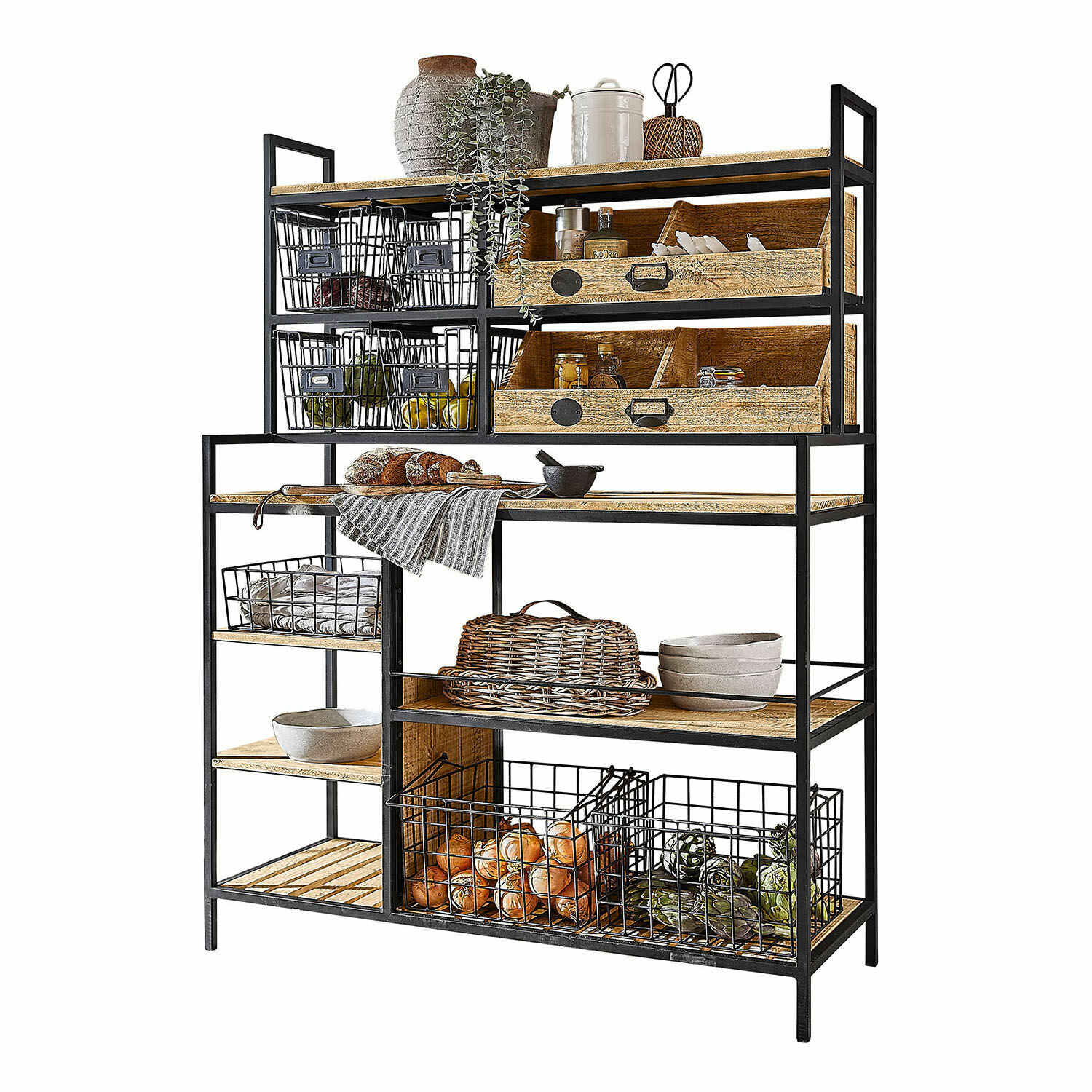 Estantería Greenbriar Estantería de metal y madera con cestas y cajas para almacenamiento en cocina o despensa