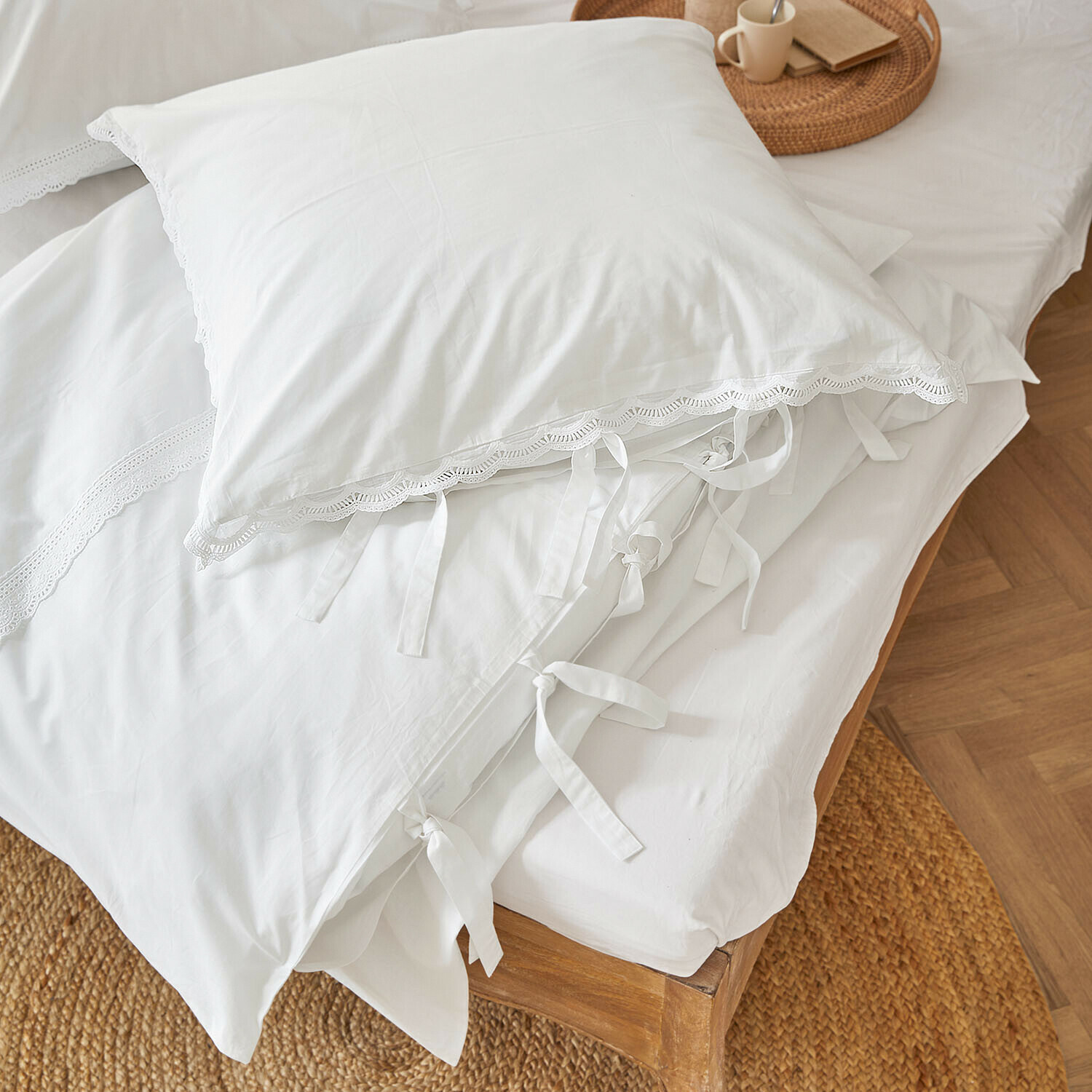 Ropa de cama Lélomiane Funda de almohada blanca de algodón con borde de encaje y lazos, ropa de cama delicada