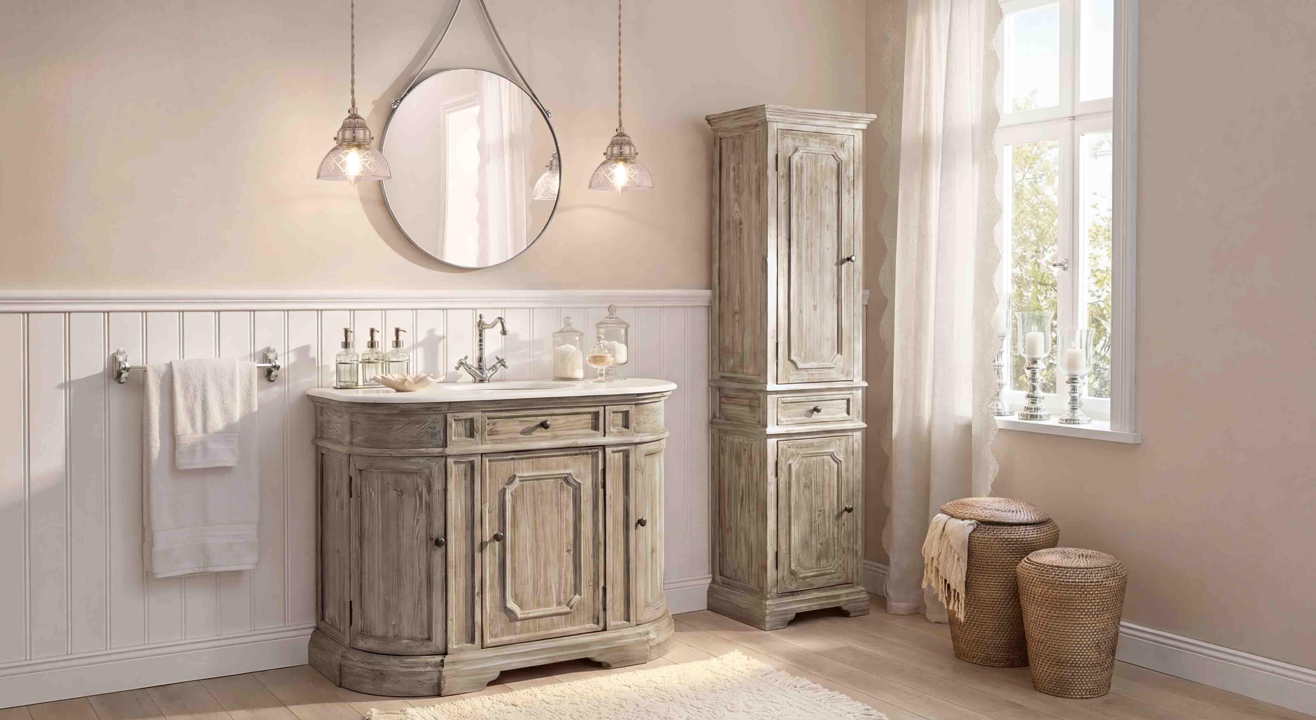 Mueble de baño y armario alto de madera gris estilo vintage con espejo redondo y lámparas colgantes
