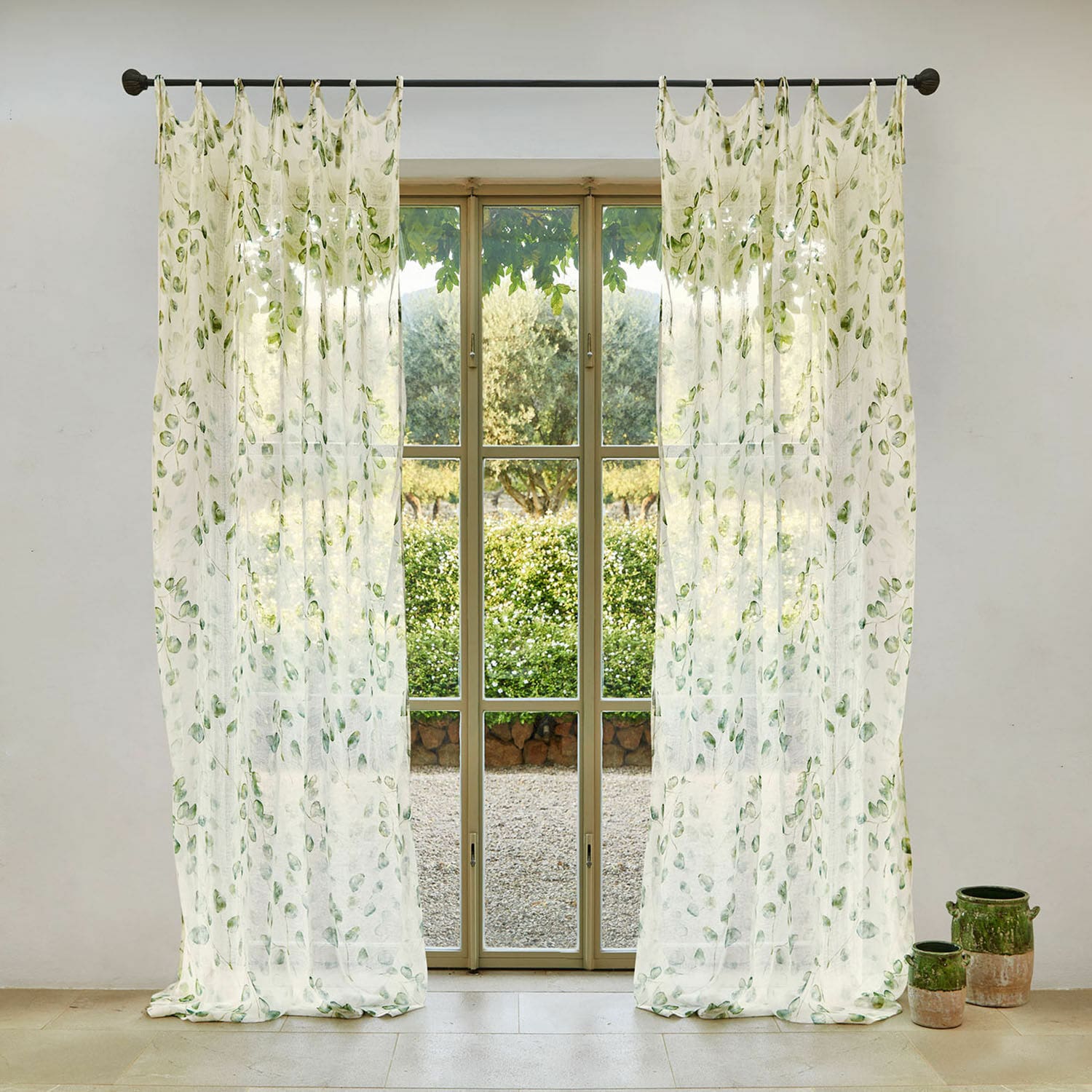Cortina Ashryver Cortinas transparentes con diseño de hojas verdes sobre fondo blanco, decoración para ventana