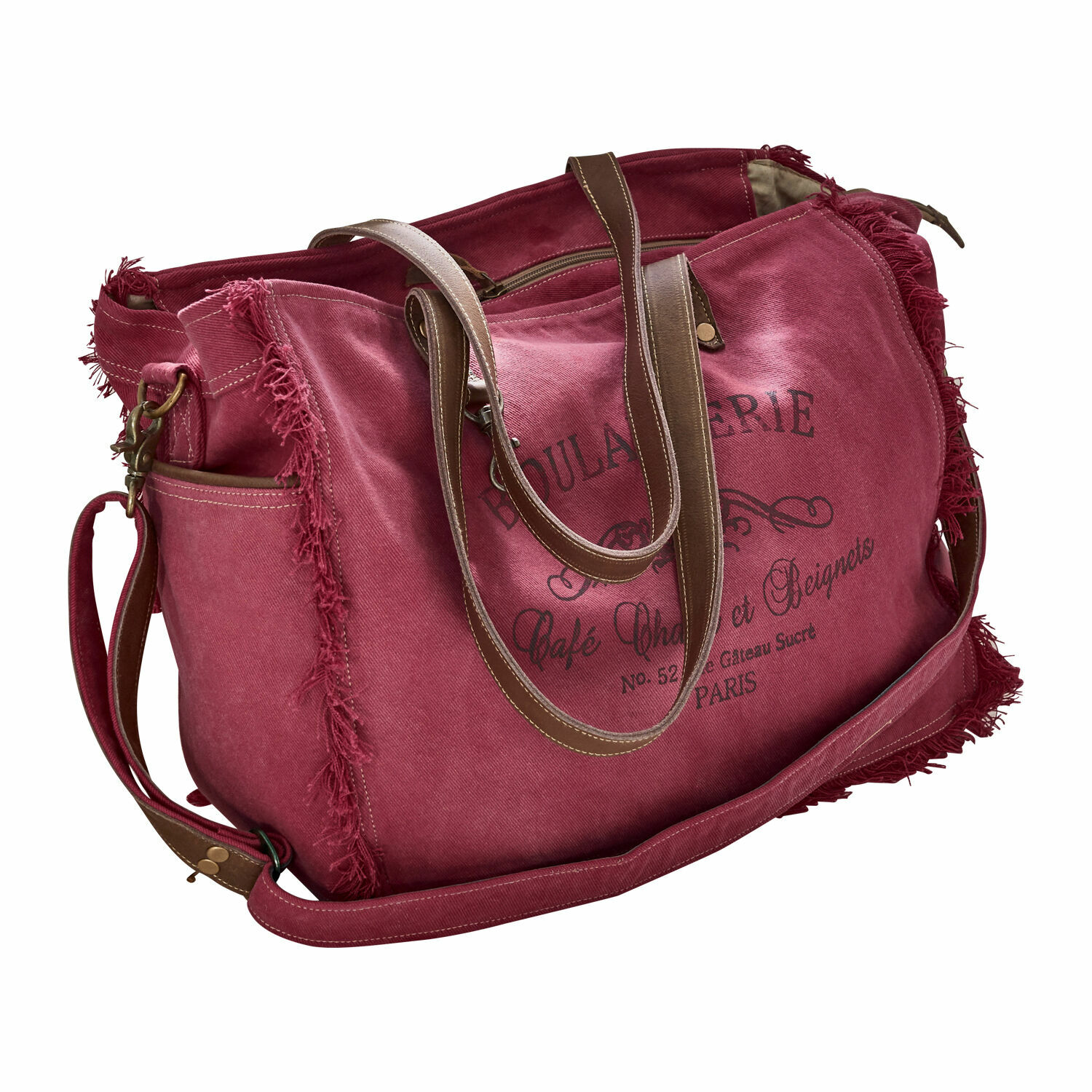 Bolso Anoush Bolsa de viaje de lona roja con asas de cuero marrón y estampado vintage estilo boulangerie