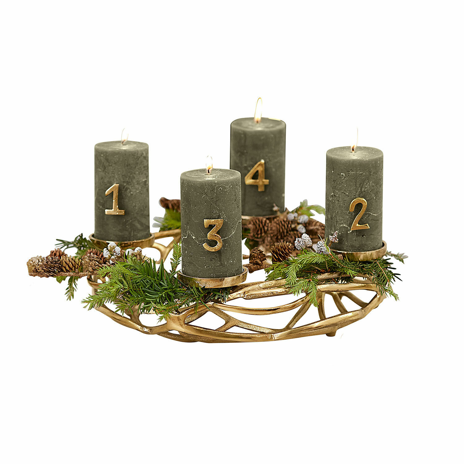 Corona de velas Coldfield Corona de Adviento verde con cuatro velas numeradas y decoración de piñas y ramas