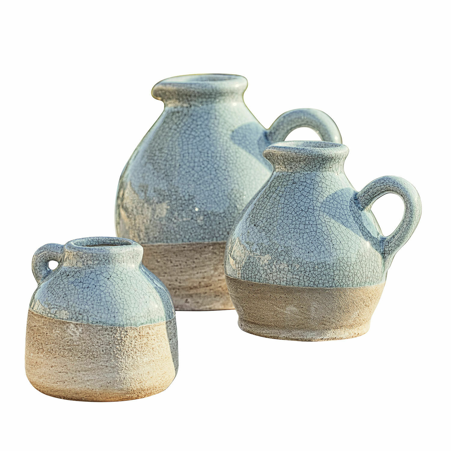 Conjunto de tres jarrones de cerámica azul y beige con efecto craquelado, decoración para interiores