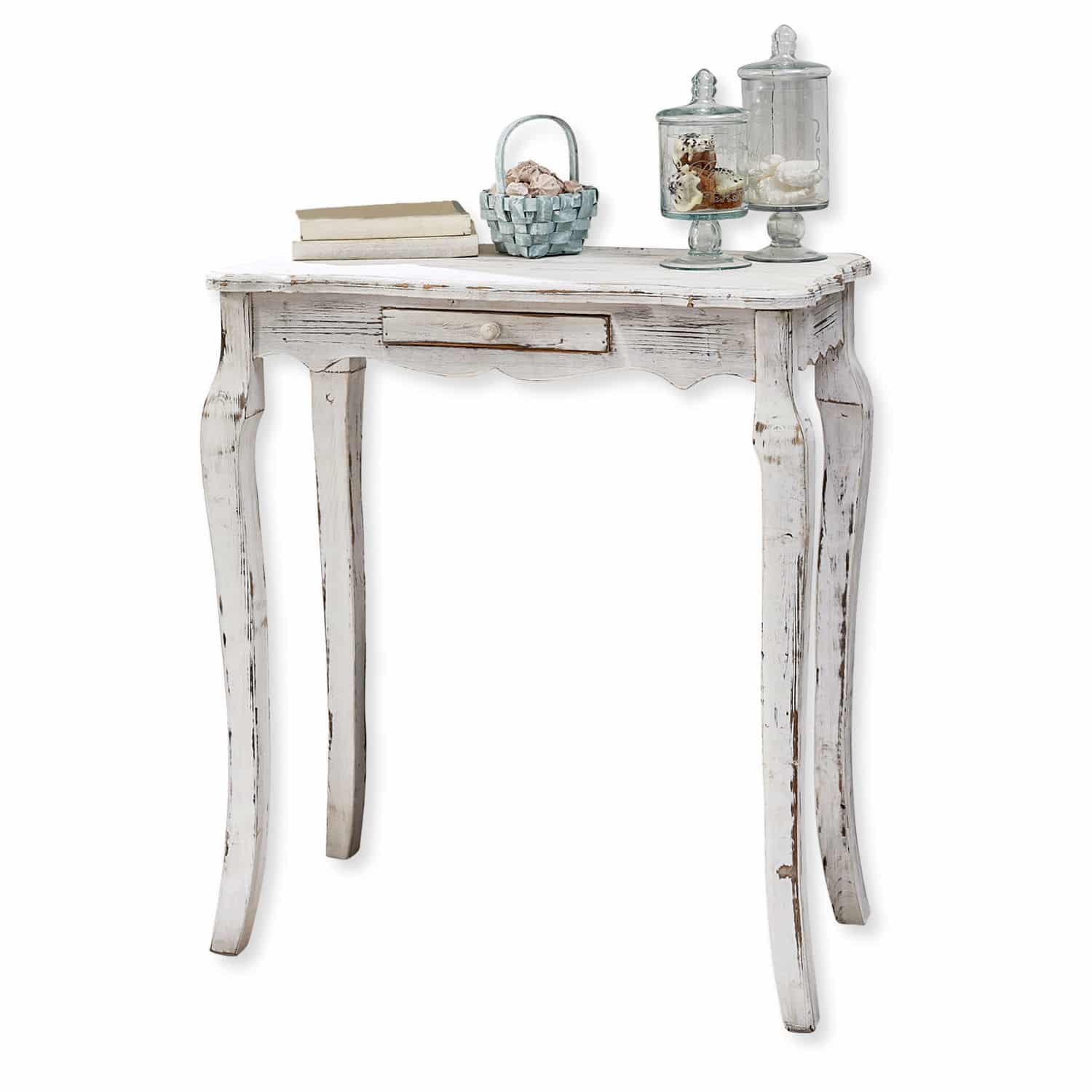 Consola Barbey Consola de madera blanca estilo vintage con cajón, decorada con libros y frascos de vidrio