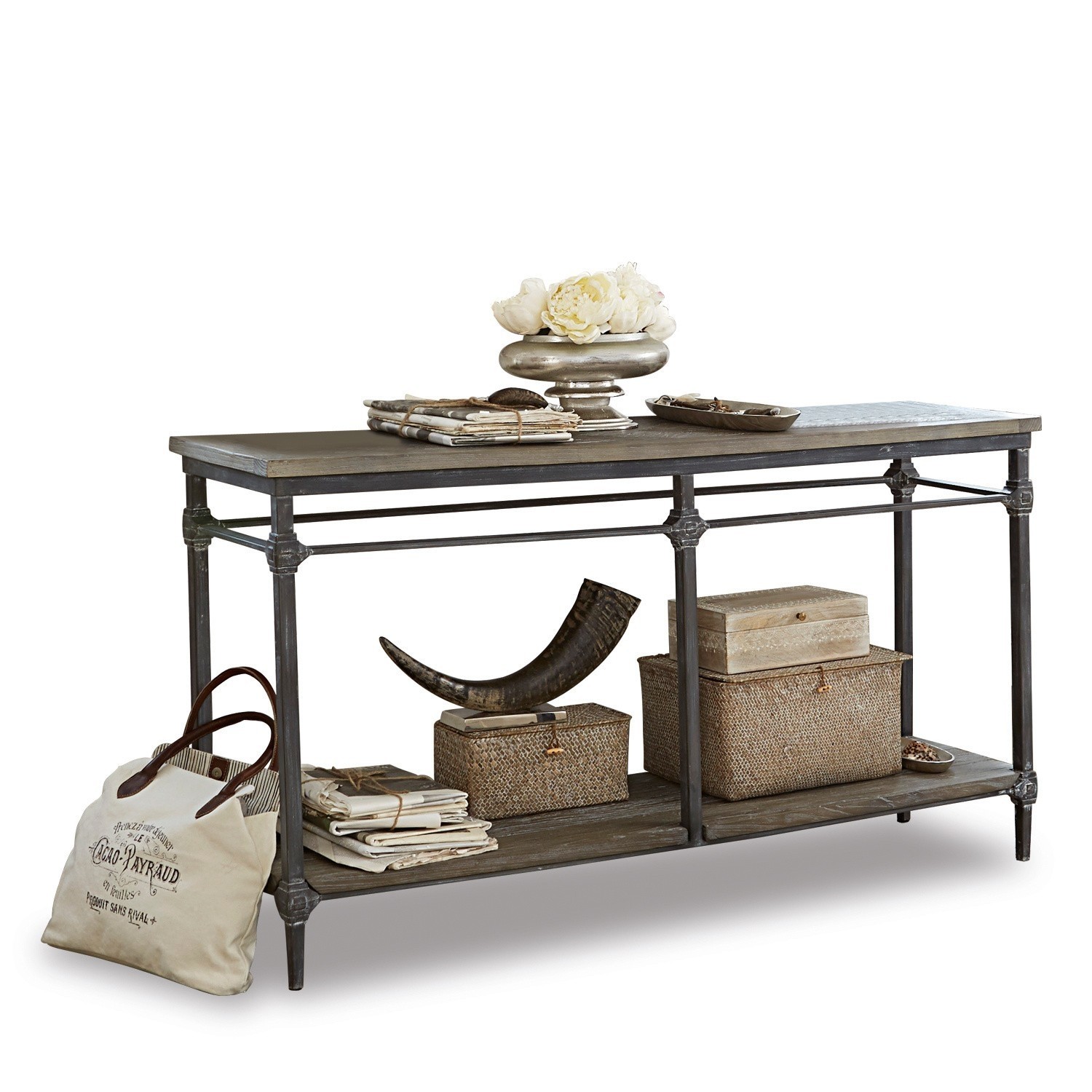 Consola Caspian Mesa con estructura metálica y tablero de madera gris, decorada con cajas de almacenamiento y accesorios