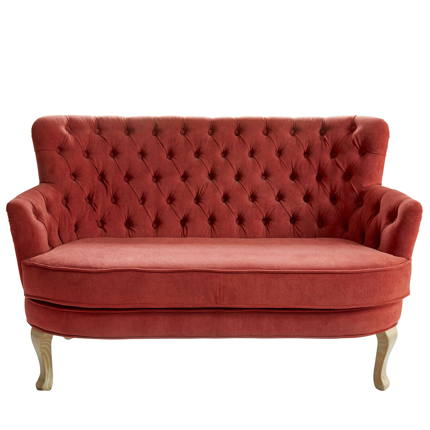 rojo Sofá Calgary rojo tapizado con respaldo capitoné y patas de madera, mueble cómodo para salón