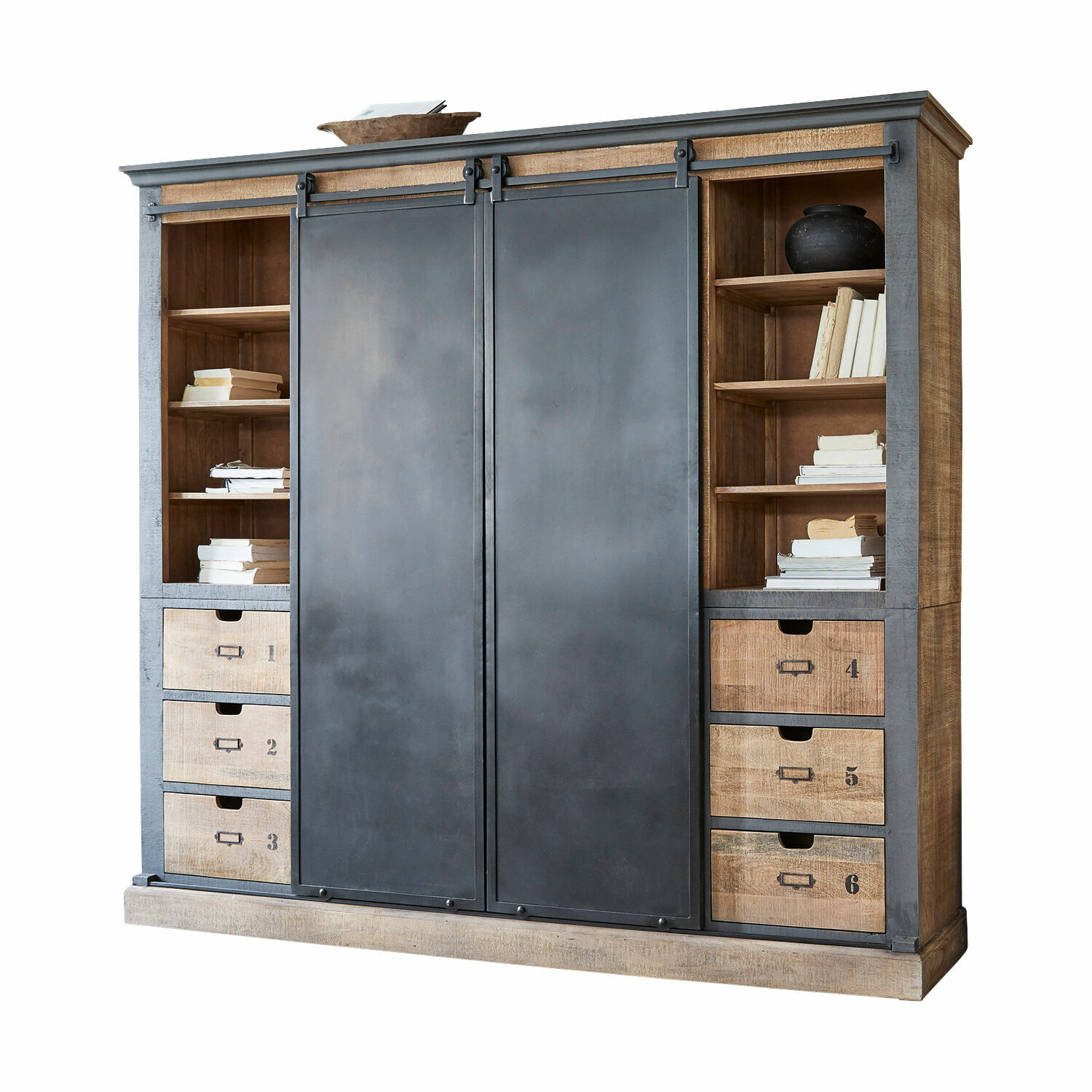 Armario Vulmont Gran armario de madera y metal con puertas correderas y seis cajones de almacenamiento