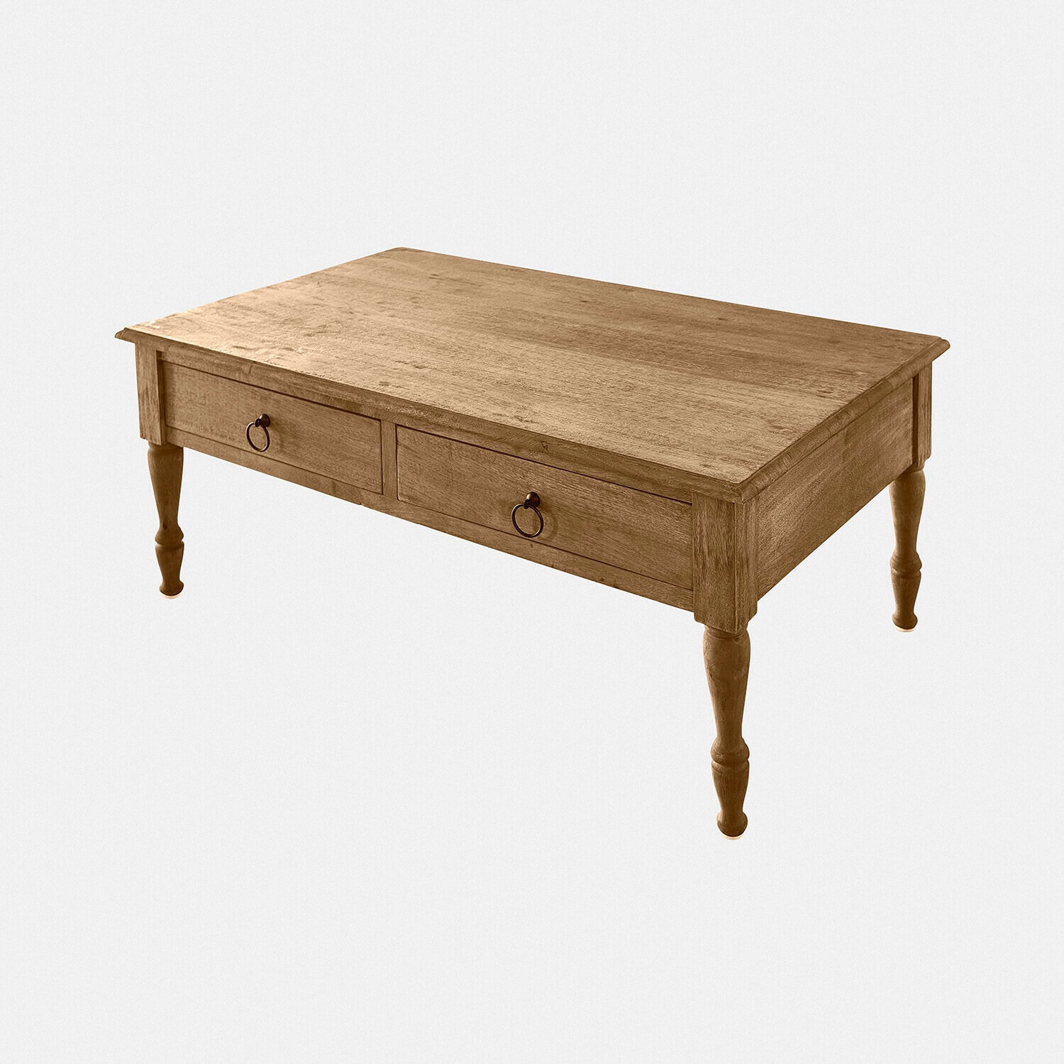 Mesa de centro Rorinas Mesa de centro de madera de mango natural con dos cajones y tiradores decorativos redondos