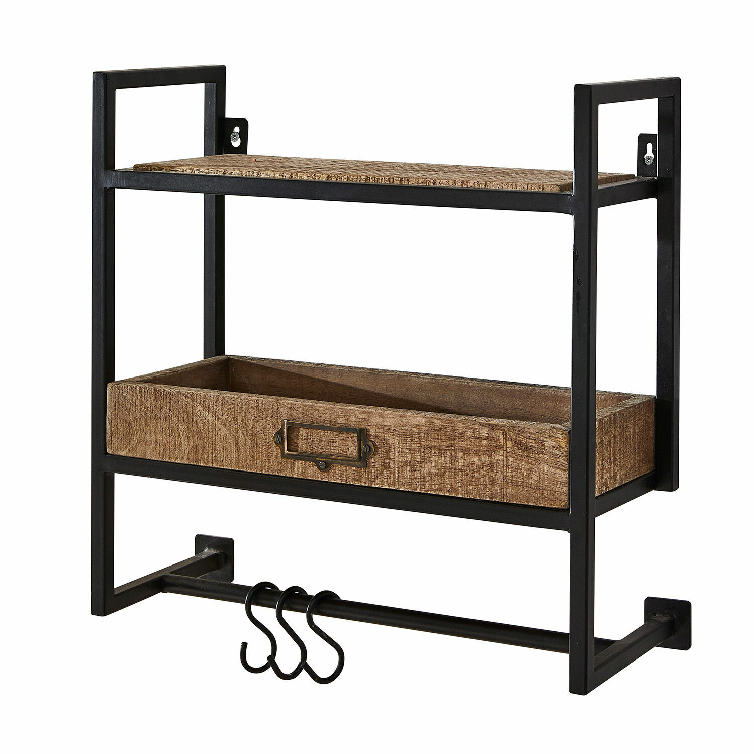 Estantería de pared Taylors Island Estante de pared negro de metal con repisa de madera y ganchos para colgar accesorios