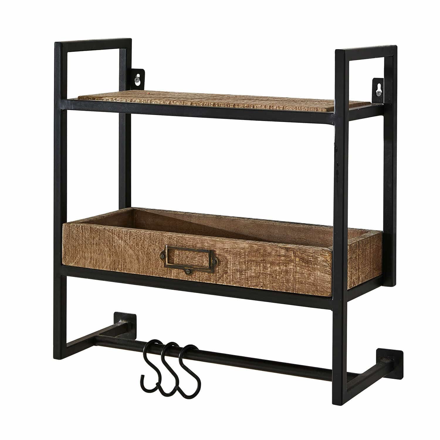 Estantería de pared Taylors Island Estante de pared negro de metal con repisa de madera y ganchos para colgar accesorios