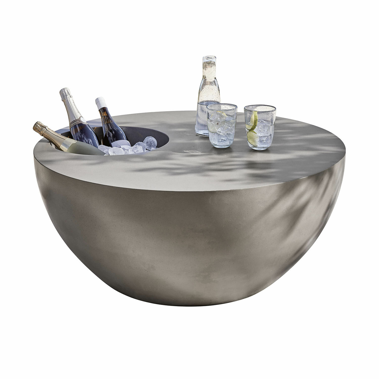 Mesa de centro Plévin Mesa redonda de hormigón con enfriador integrado para botellas y vasos con bebidas encima