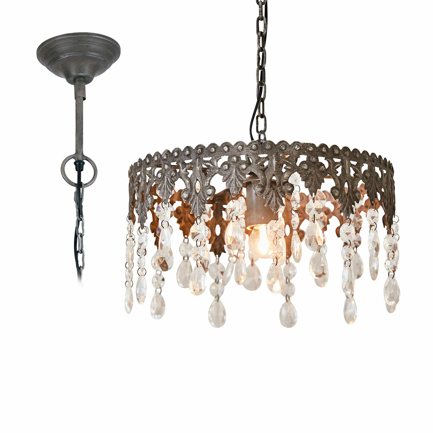 Lámpara colgante Escoire Lámpara colgante de metal con pátina y colgantes de cristal decorativos, estilo vintage