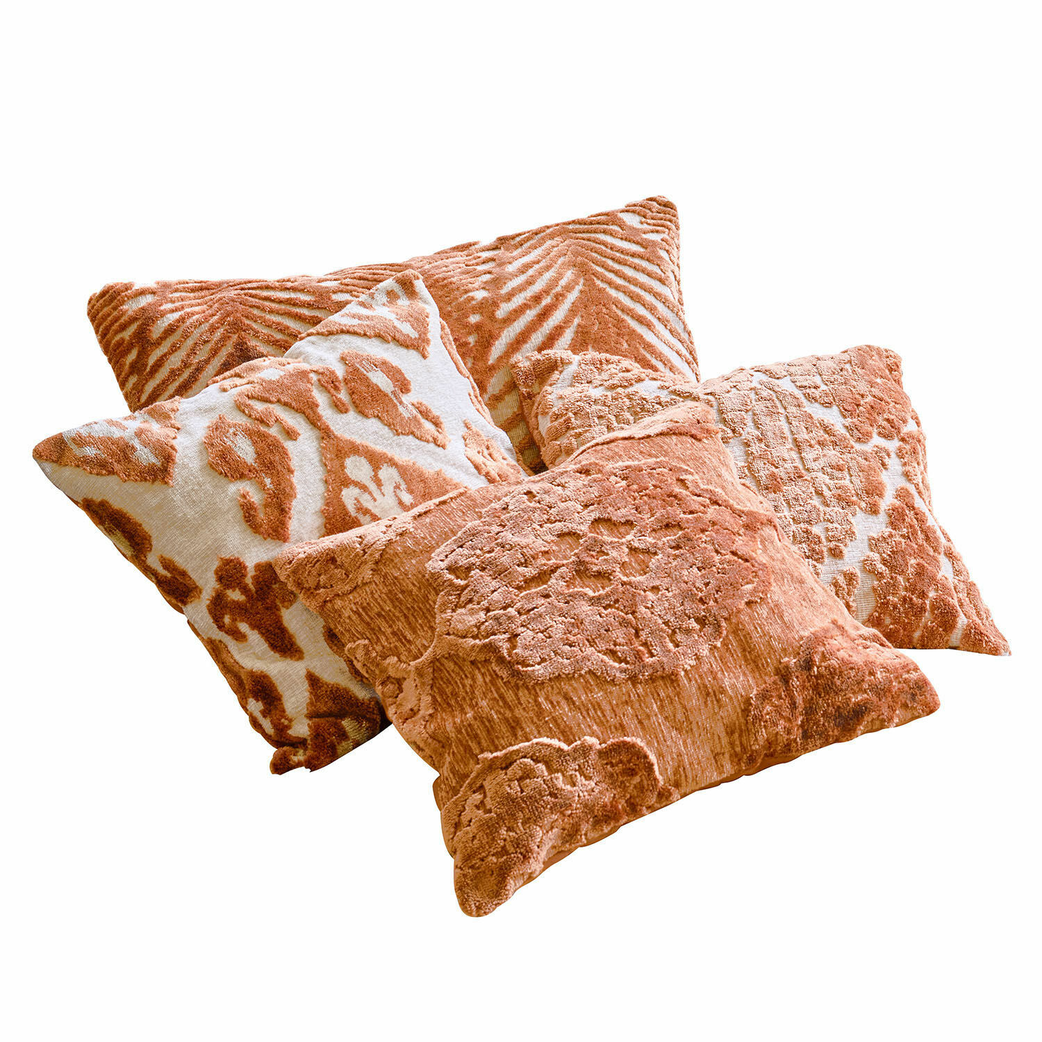 Set de 4 fundas de cojín Samirad Conjunto de cuatro cojines decorativos en tonos óxido con material suave y patrones en relieve