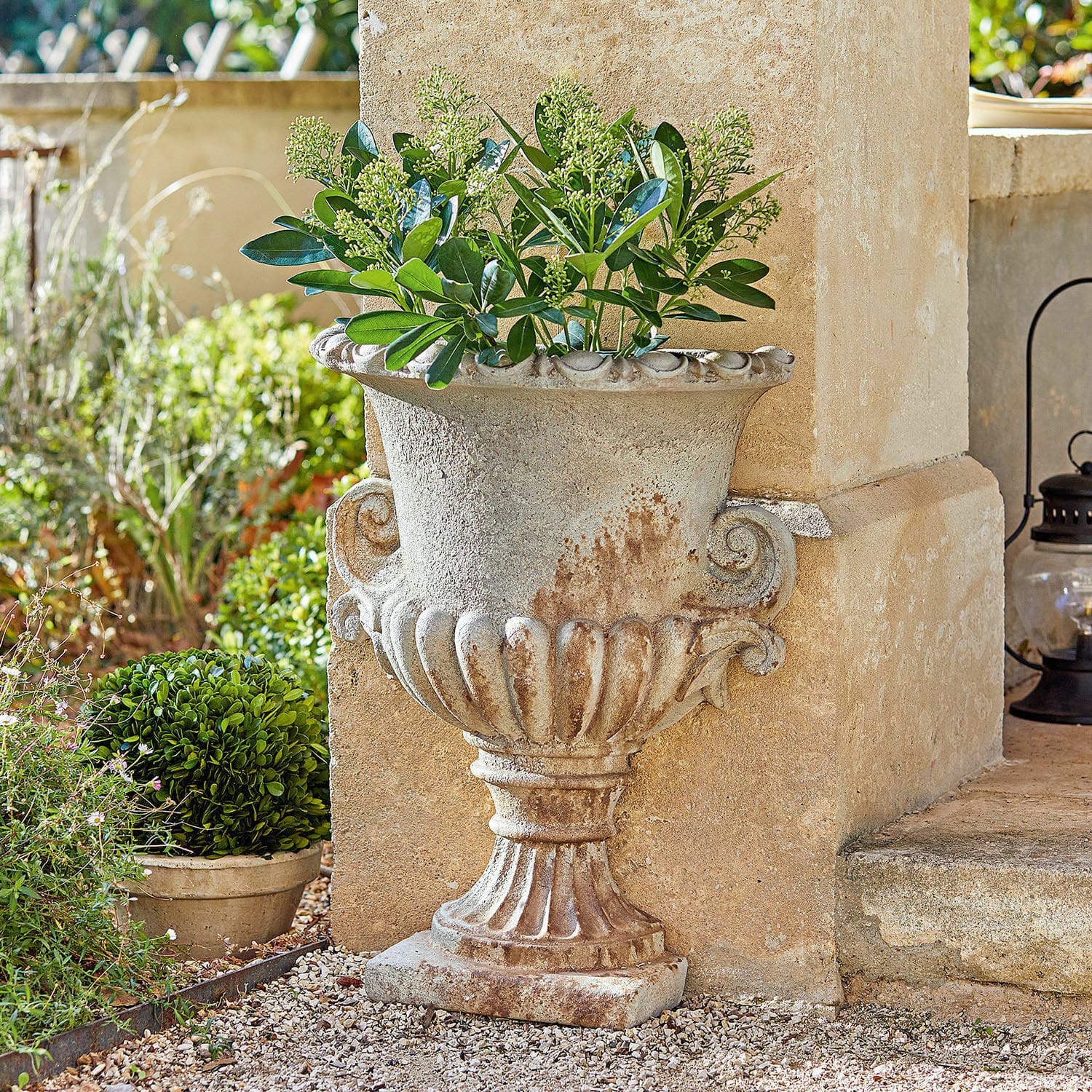 Ánfora Cevio Maceta decorativa de piedra beige con plantas verdes para jardín exterior