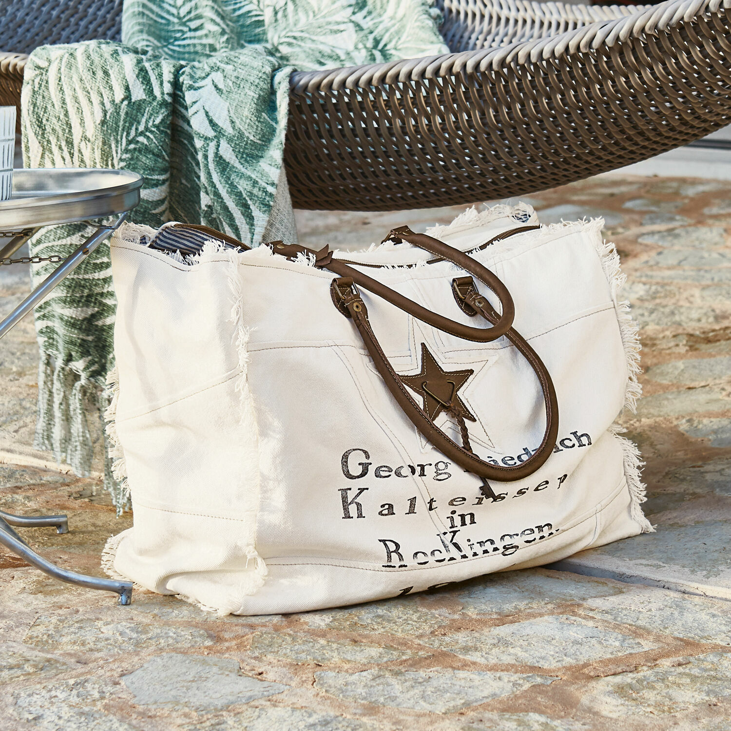 Bolso Friedrich Bolsa grande de lona blanca con asas marrones y estrella estampada, bolsa práctica para compras y playa