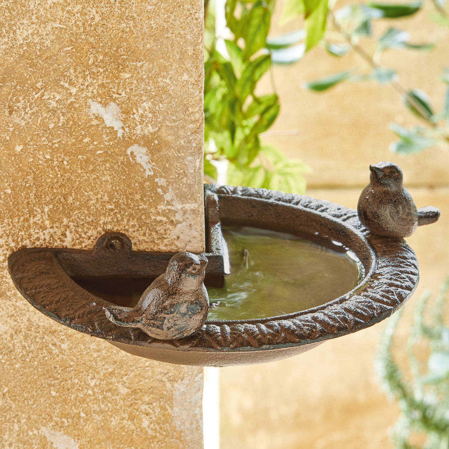 Bebedero para pájaros Laver Bebedero de pared de hierro fundido marrón con pájaros decorativos para jardín