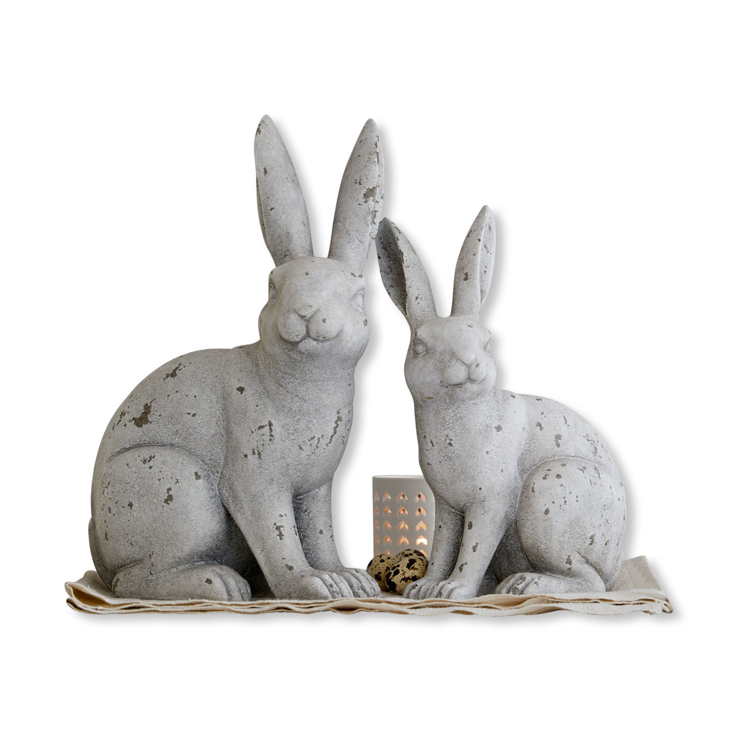 Set de 2 conejos Jaienne Figuras decorativas de conejos grises de hormigón sobre tela con portavelas y huevos decorativos