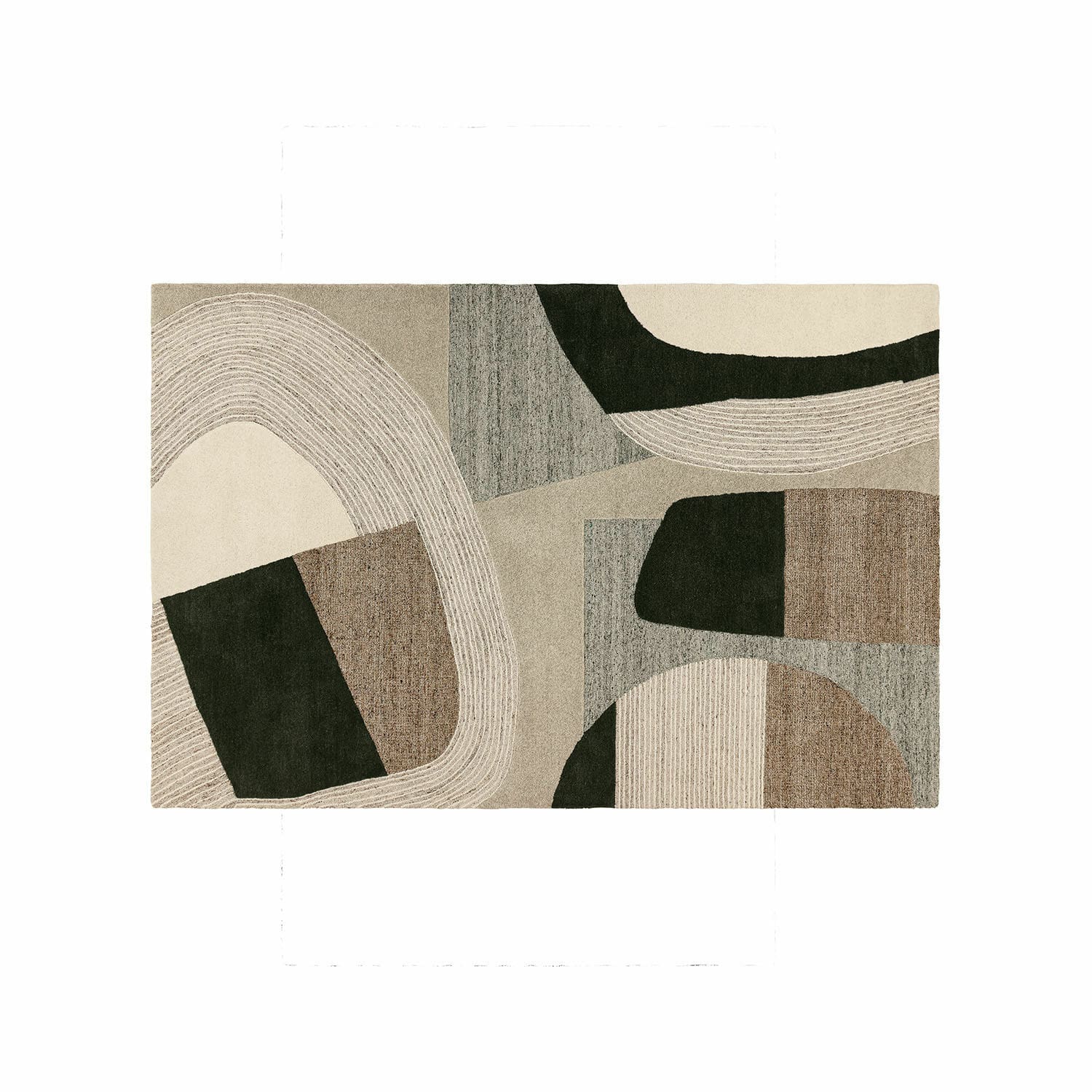 Alfombra con diseño geométrico en tonos beige, marrón y negro, material suave para salón