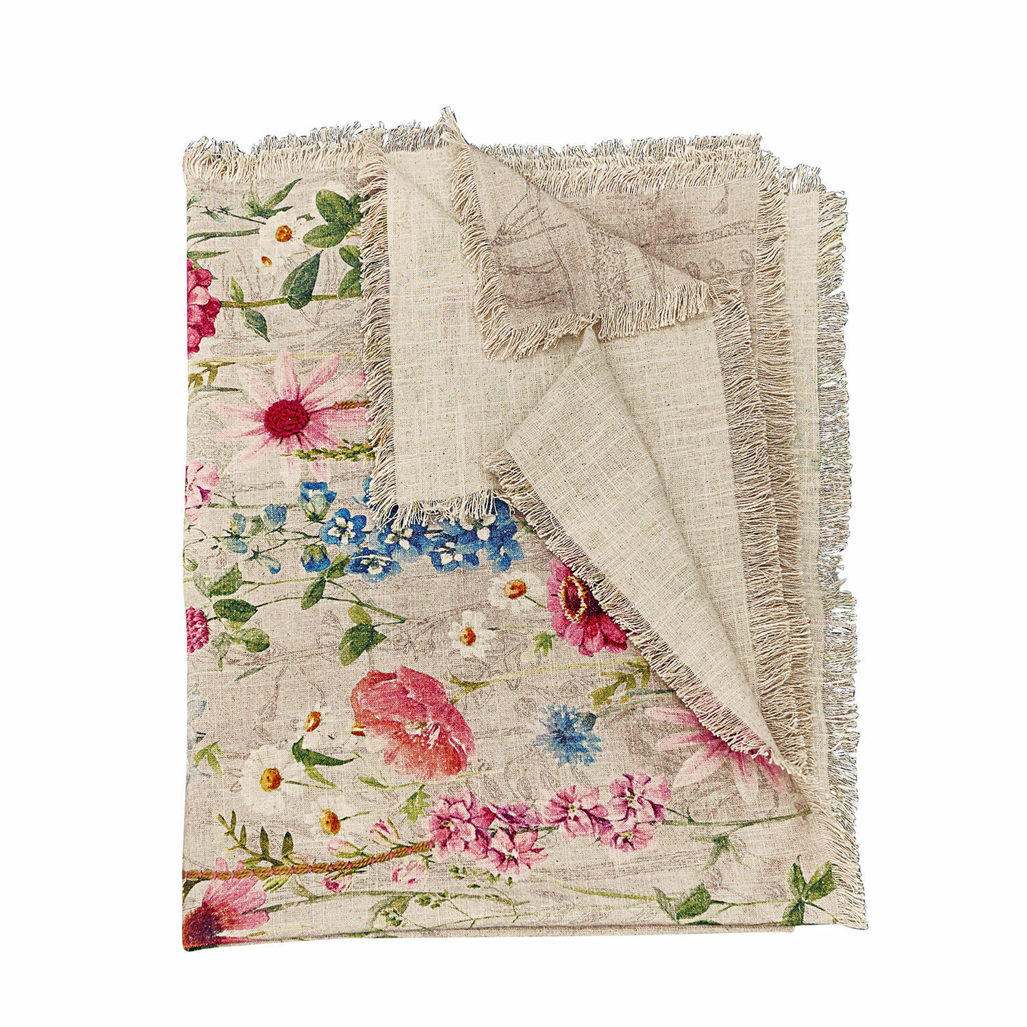Estampado en lino Eleonoire Mantel de lino con diseño floral y flecos en colores naturales para decoración de mesa