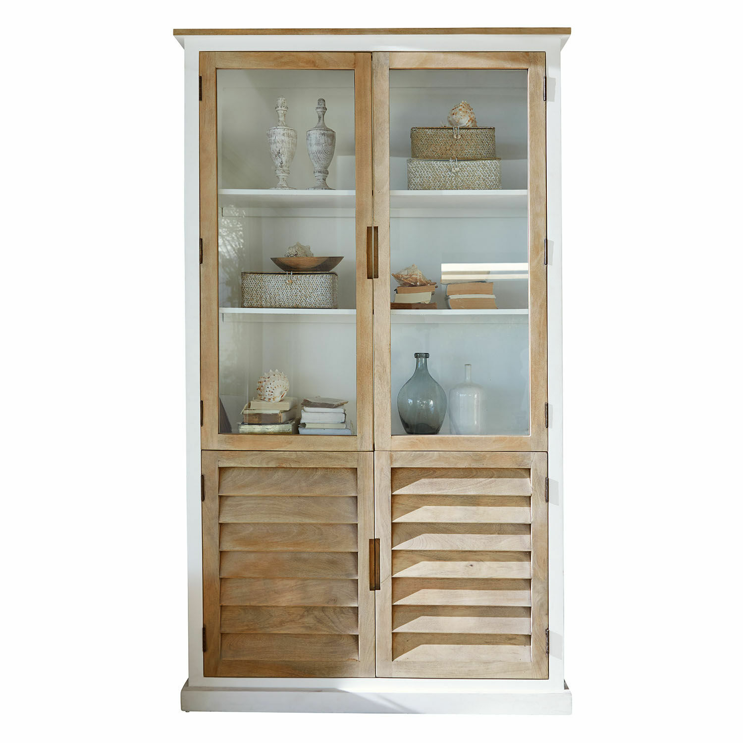 Armario Frapelle Vitrina de madera con puertas de cristal y sólidas en color natural para salón moderno