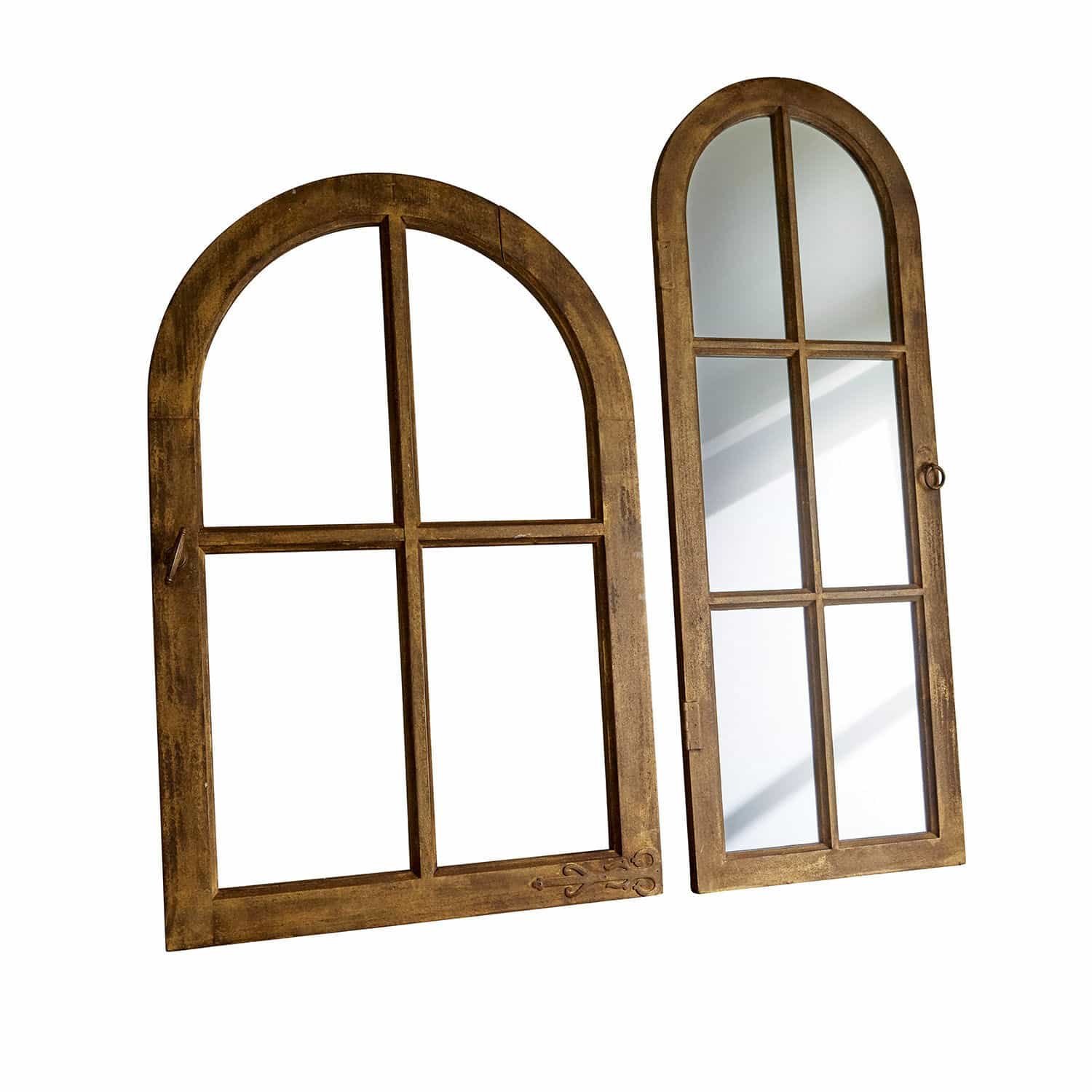 Espejo y ventana decorativa Crowley Dos espejos de madera con marco arqueado marrón, estilo ventana, para decoración de pared interior