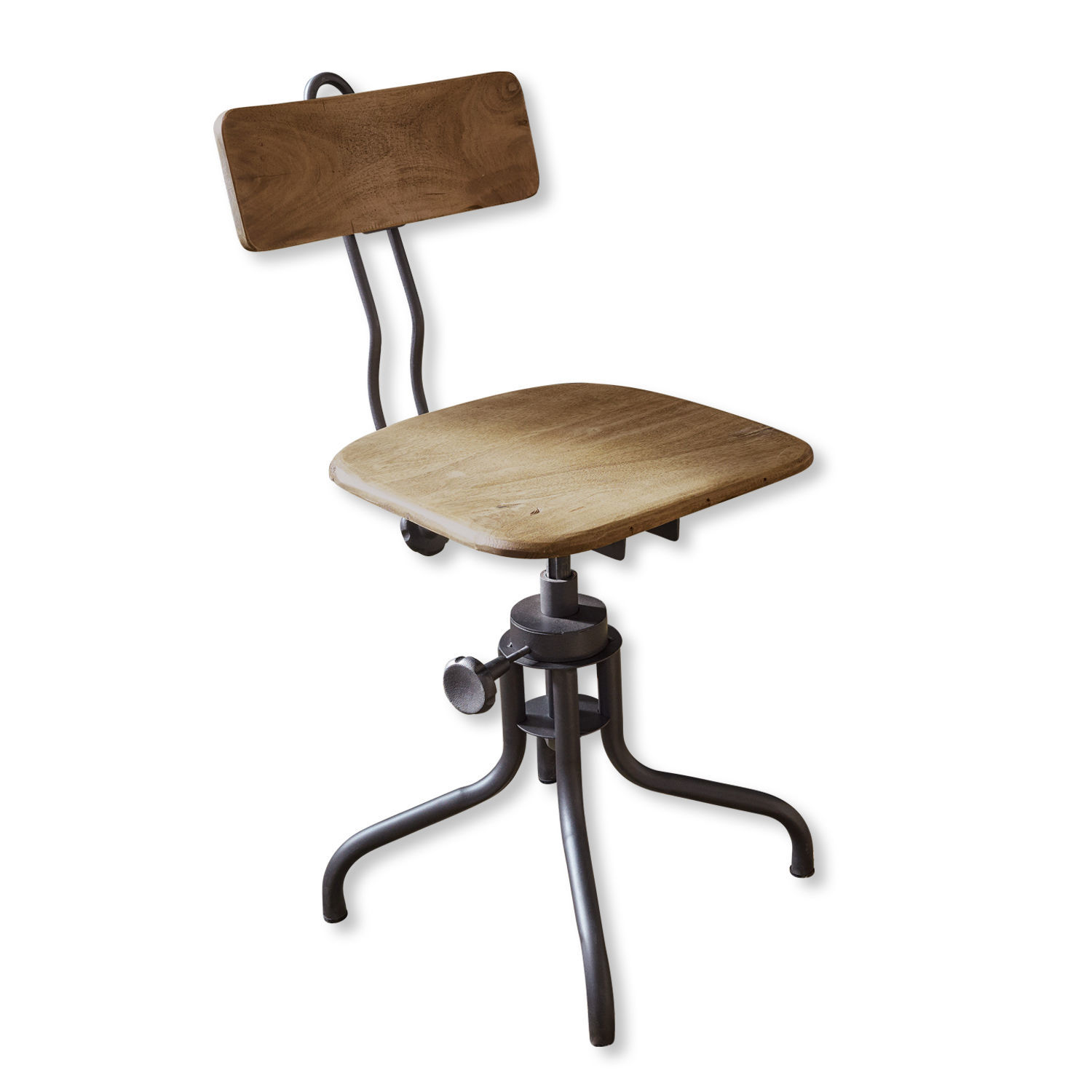Silla Richie Silla giratoria de madera y metal estilo industrial, asiento de madera natural y estructura negra