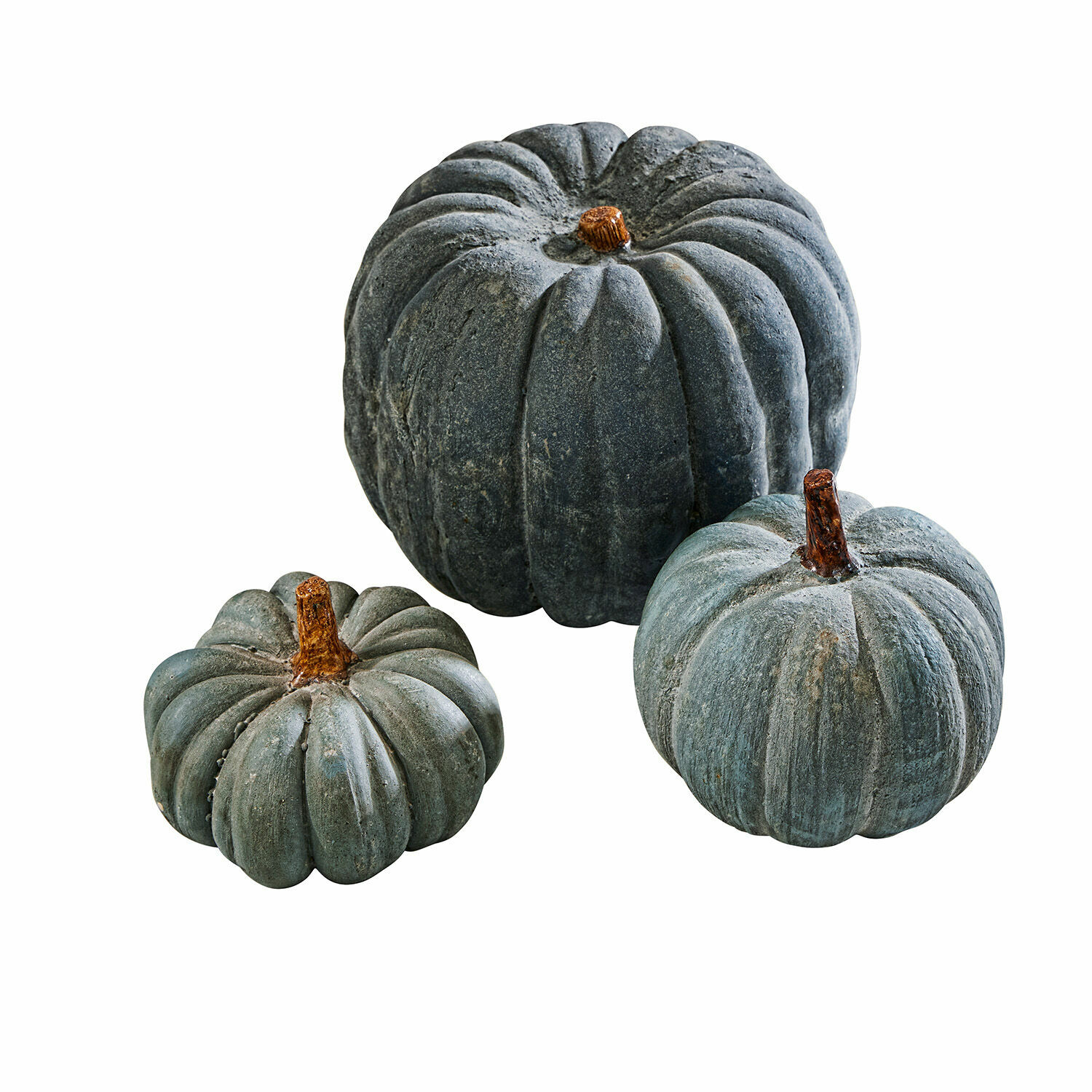 azul Conjunto de tres calabazas decorativas azules con aspecto natural para decoración otoñal