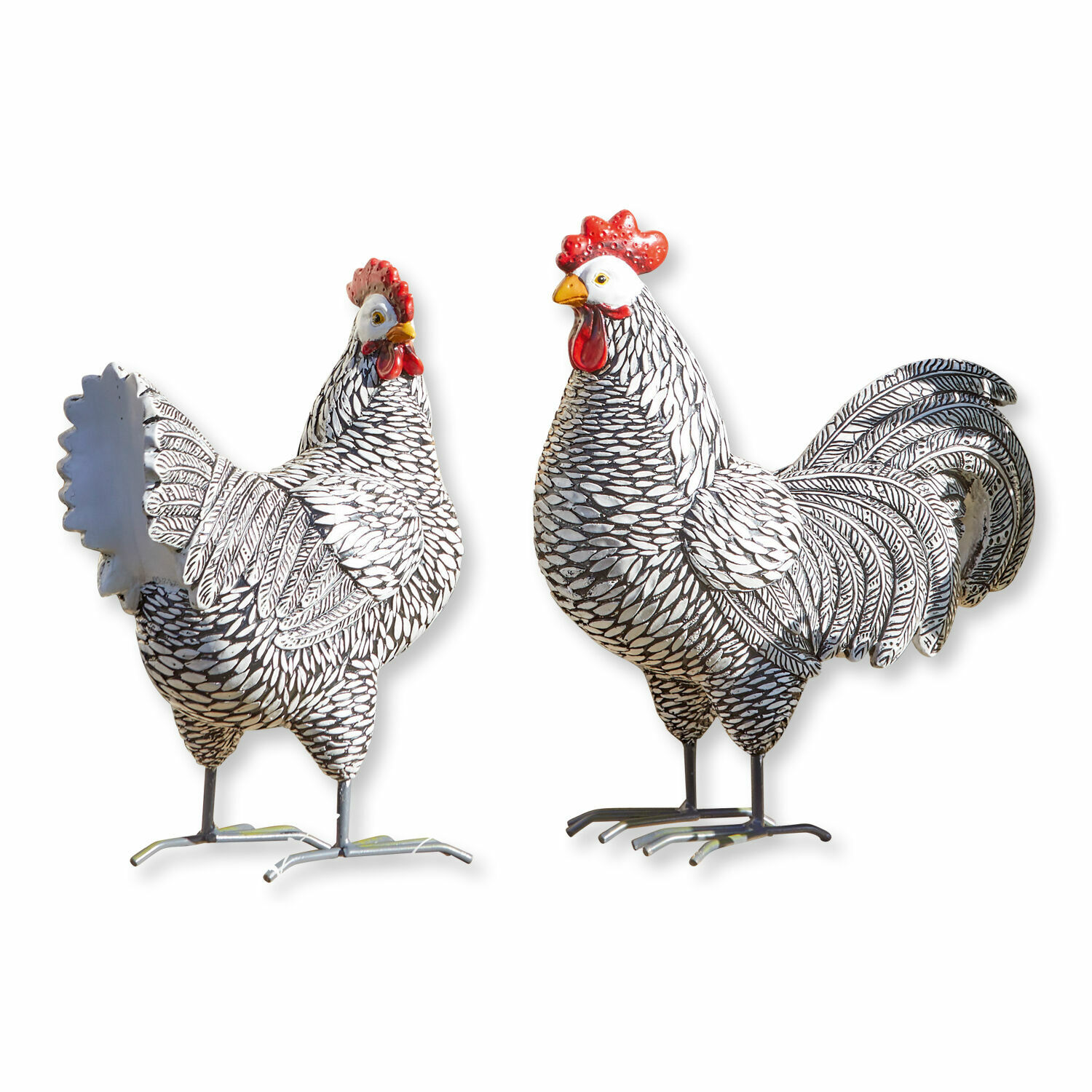 Set de 2 gallinas decorativas Mannis Figuras decorativas de gallo y gallina de metal en blanco y negro con crestas rojas, decoración rústica
