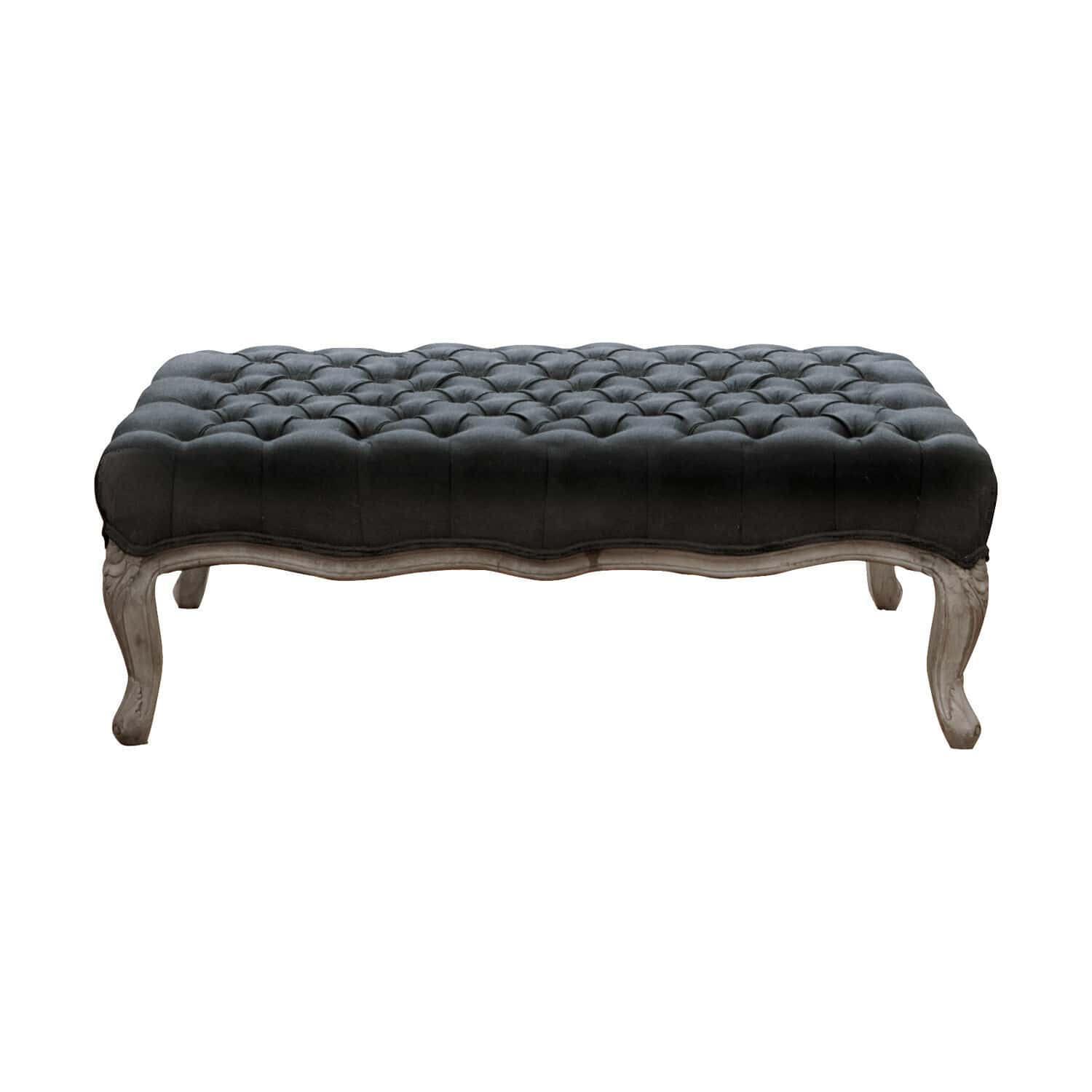 Puf negro capitoné de tela con patas de madera tallada, mueble vintage para salón
