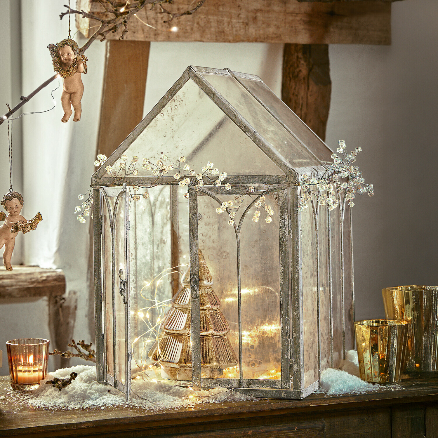 Casa decorativa Bellunas Decoración de vidrio en forma de casa con marco metálico y luces, adorno navideño para mesa