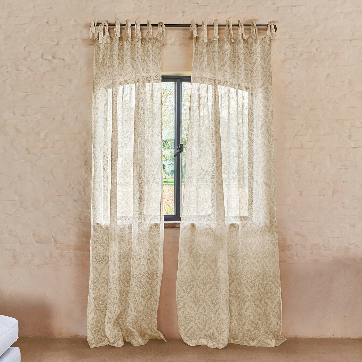 Cortina Féliciane Cortina beige ligera con delicado patrón de hojas, tela translúcida para decoración de ventanas
