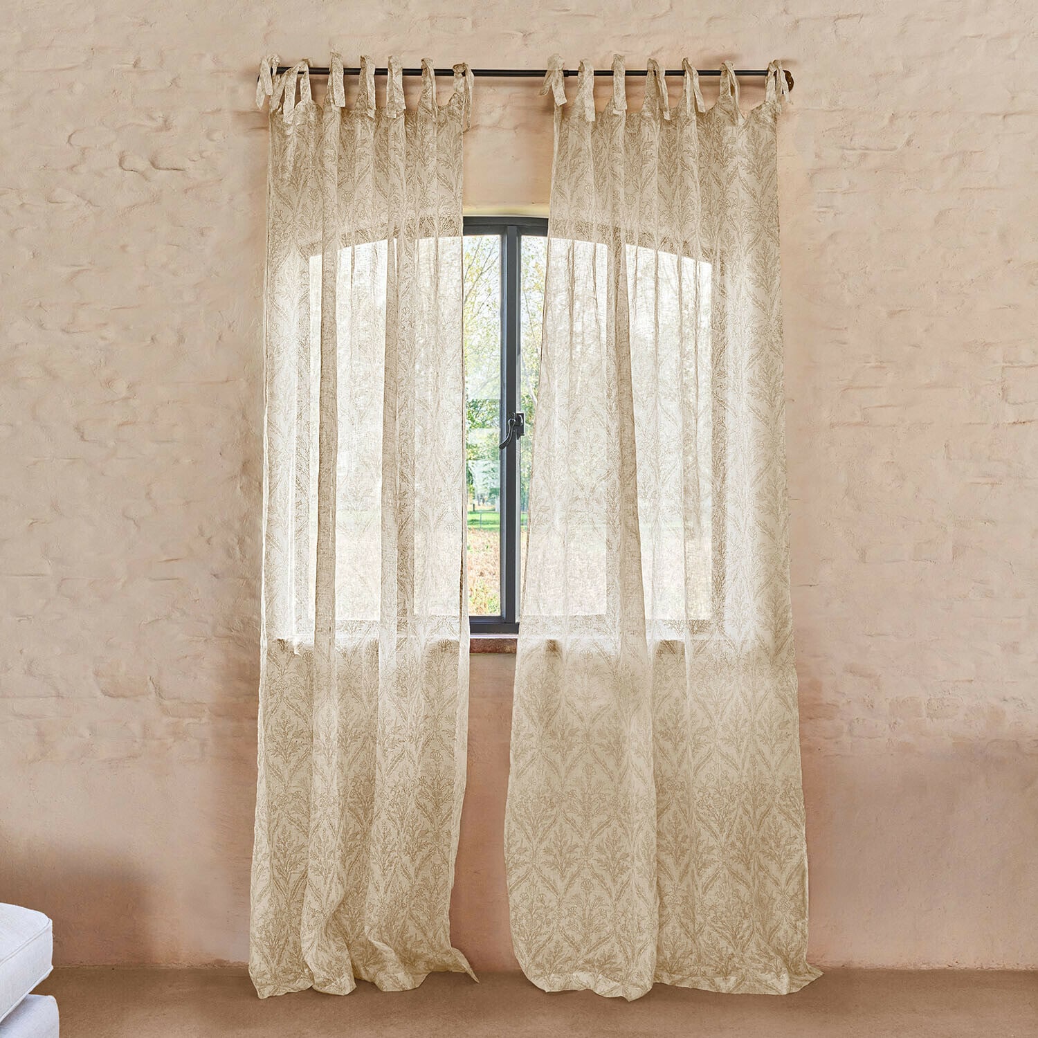 Cortina Féliciane Cortina beige ligera con delicado patrón de hojas, tela translúcida para decoración de ventanas