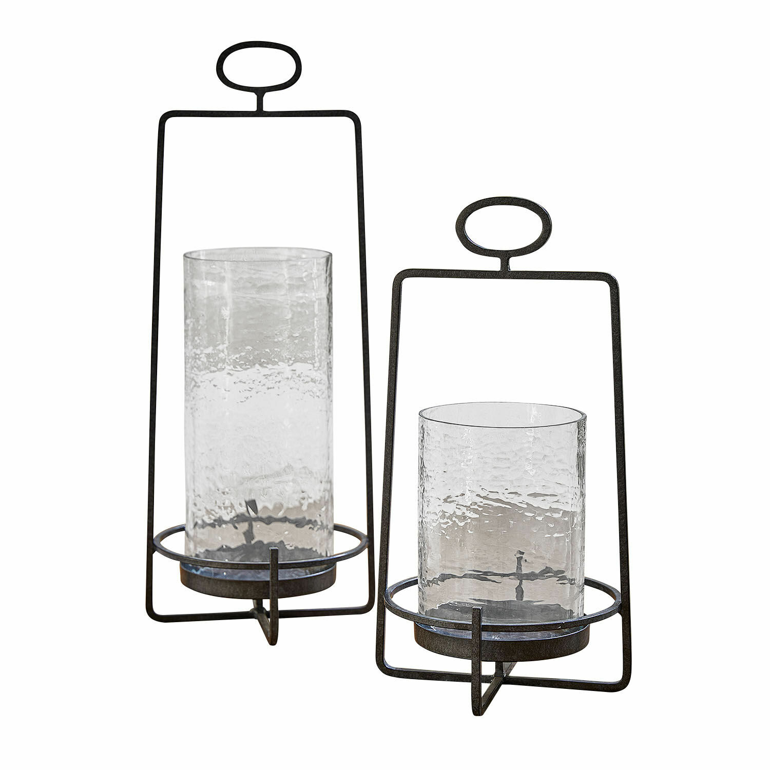 Set de 2 farolillos Zevara Conjunto de dos faroles de metal negro y vidrio transparente, diseño moderno para decoración del hogar