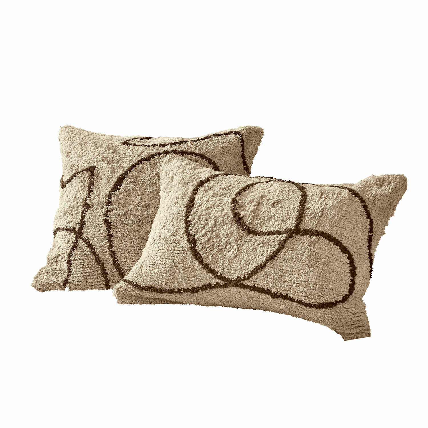 Cojín decorativo beige de material suave con diseño geométrico marrón, accesorio moderno para salón