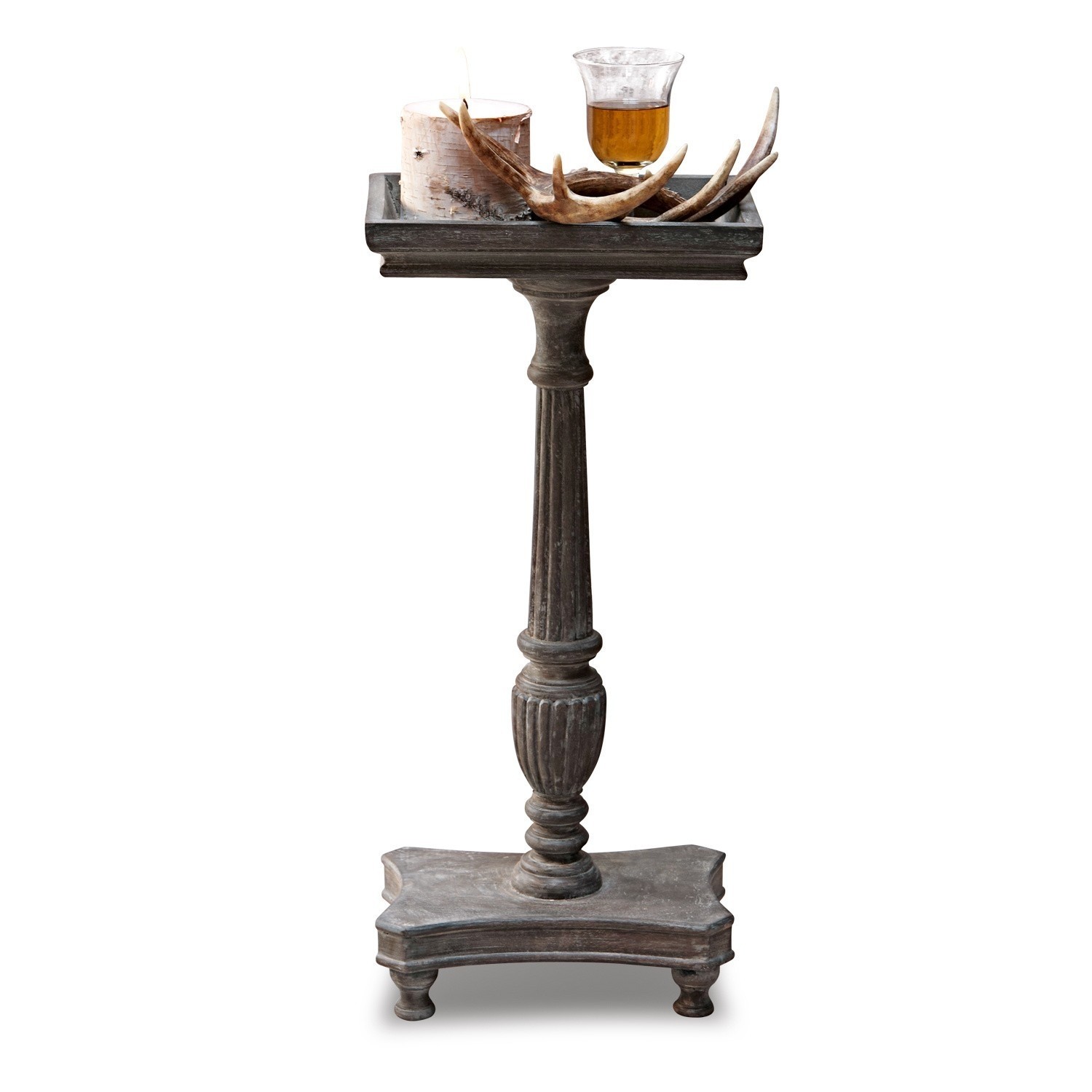 gris antiguo Mesa auxiliar Caren gris marrón de madera con vela decorativa y cuerno, estilo vintage