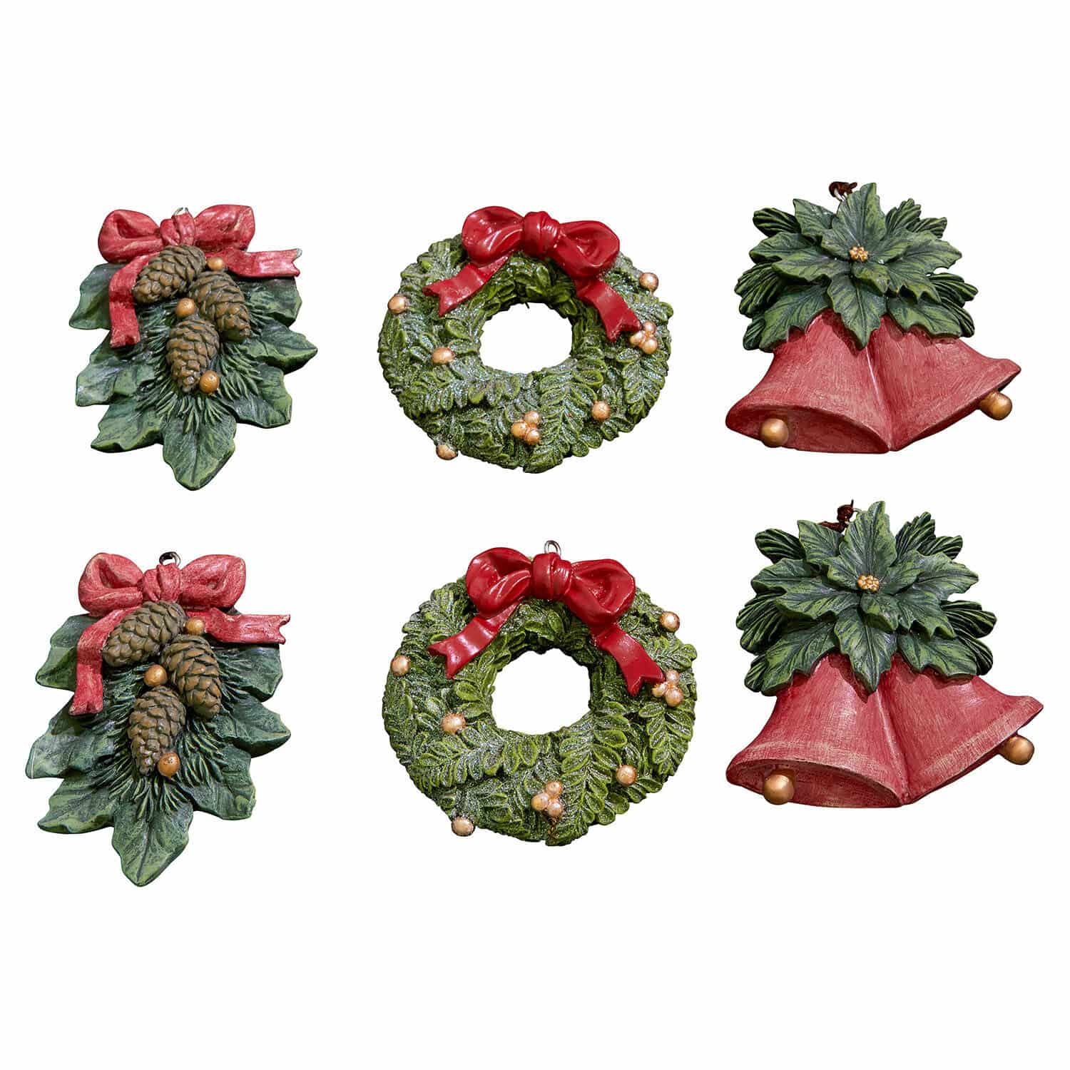Set de 6 colgantes Sarivena Conjunto de adornos navideños con hojas verdes, lazos rojos y piñas para decoración del hogar