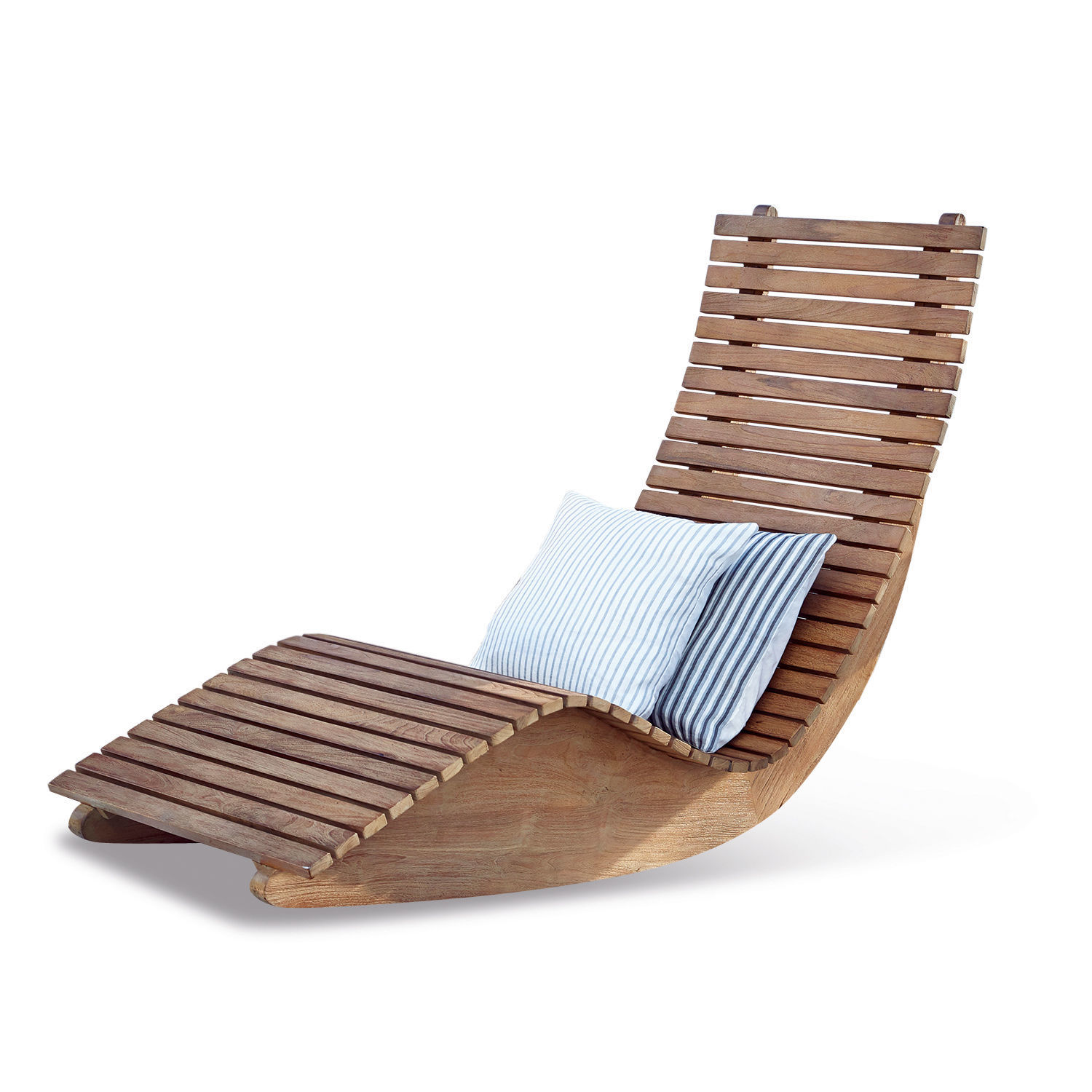 Tumbona de madera de teca natural con dos cojines a rayas, mueble de jardín cómodo