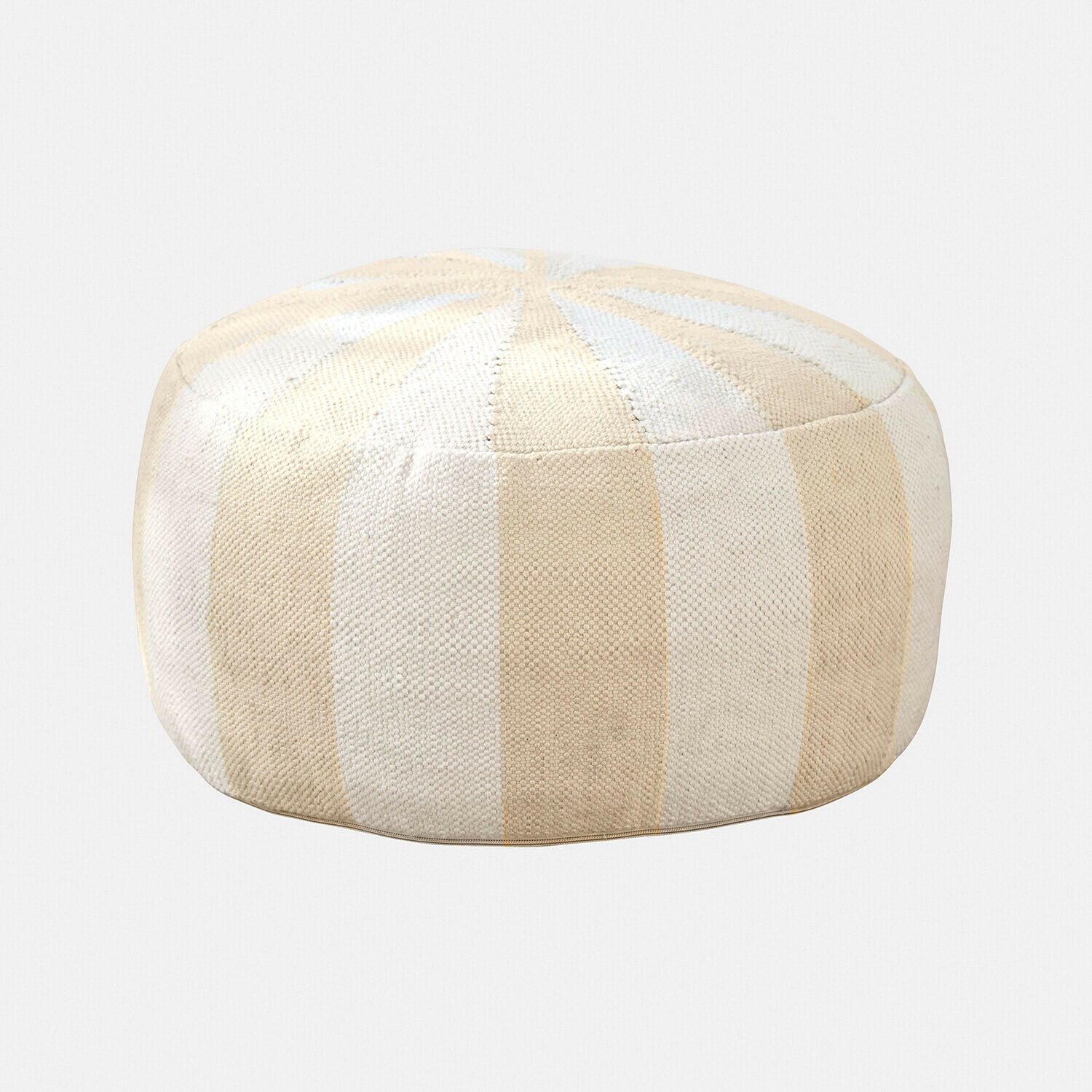 Puf para interior y exterior Wobbilo Puf redondo beige y blanco de tela texturizada, mueble práctico para salón y dormitorio