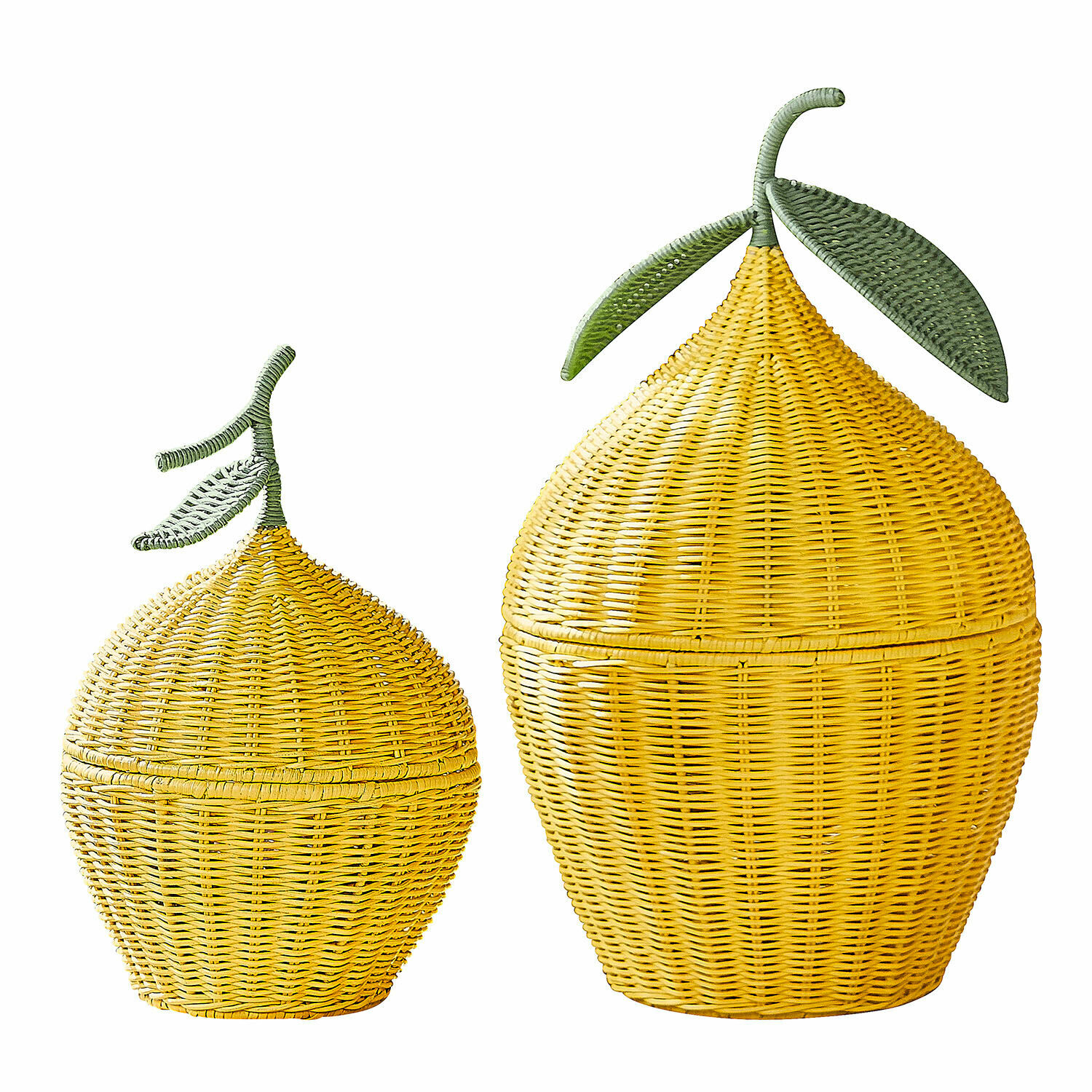 Set de 2 cestas limón Aelindria Conjunto de dos cestas de ratán amarillas en forma de fruta con hojas verdes, decoración y almacenamiento