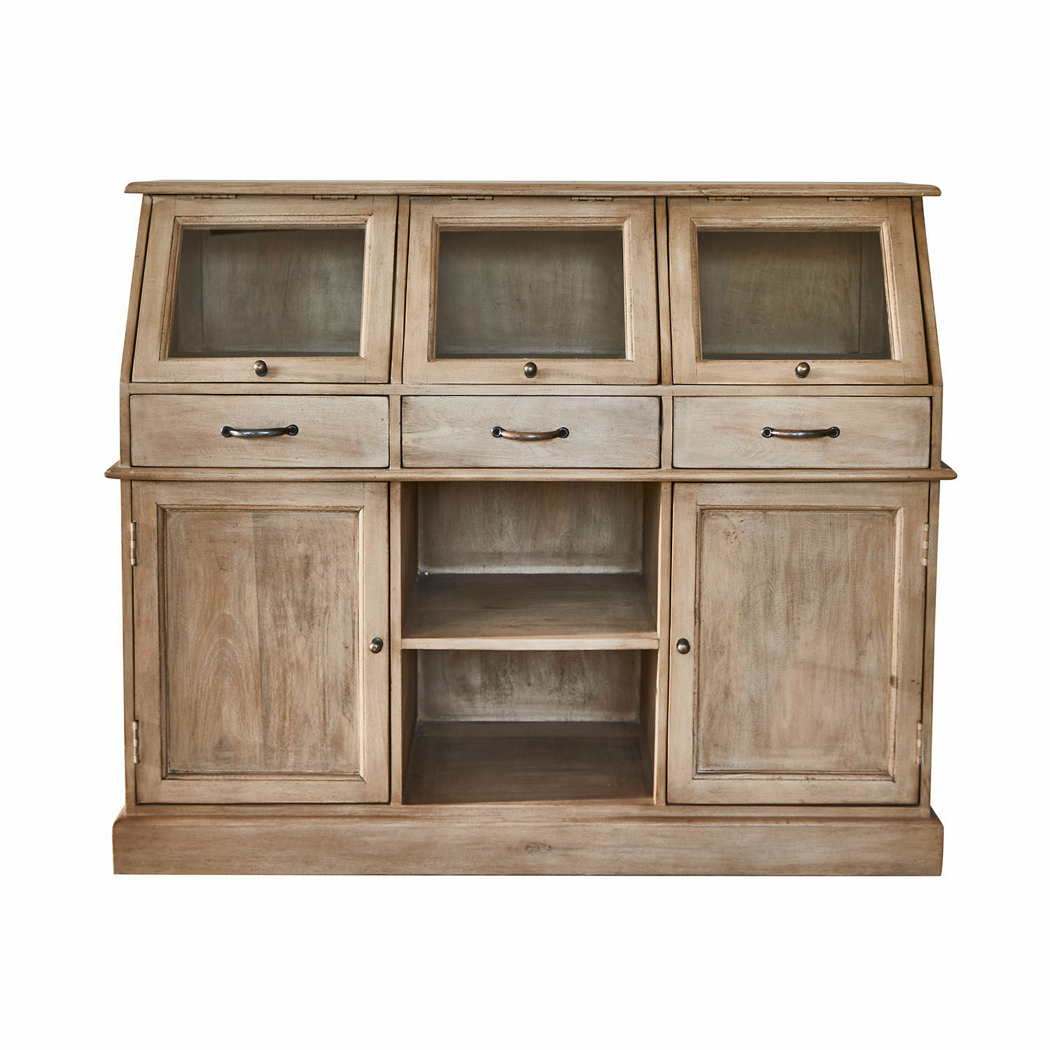 Cómoda Bolqure de madera marrón con cajones y puertas de cristal para almacenamiento