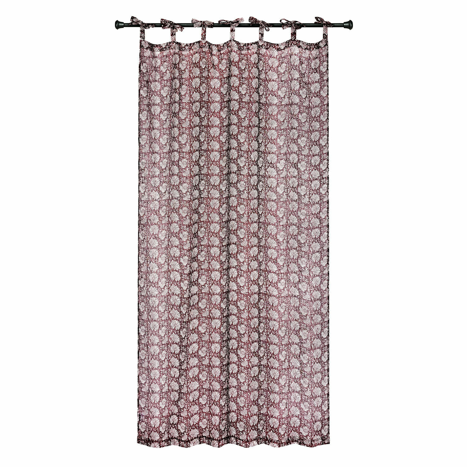 Cortina decorativa de algodón burdeos con patrón floral blanco para sala de estar