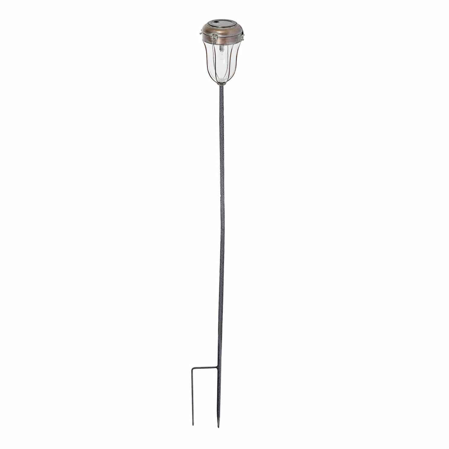 Farol solar Wynyard Lámpara de jardín metálica con soporte largo negro, pantalla transparente y parte superior de cobre