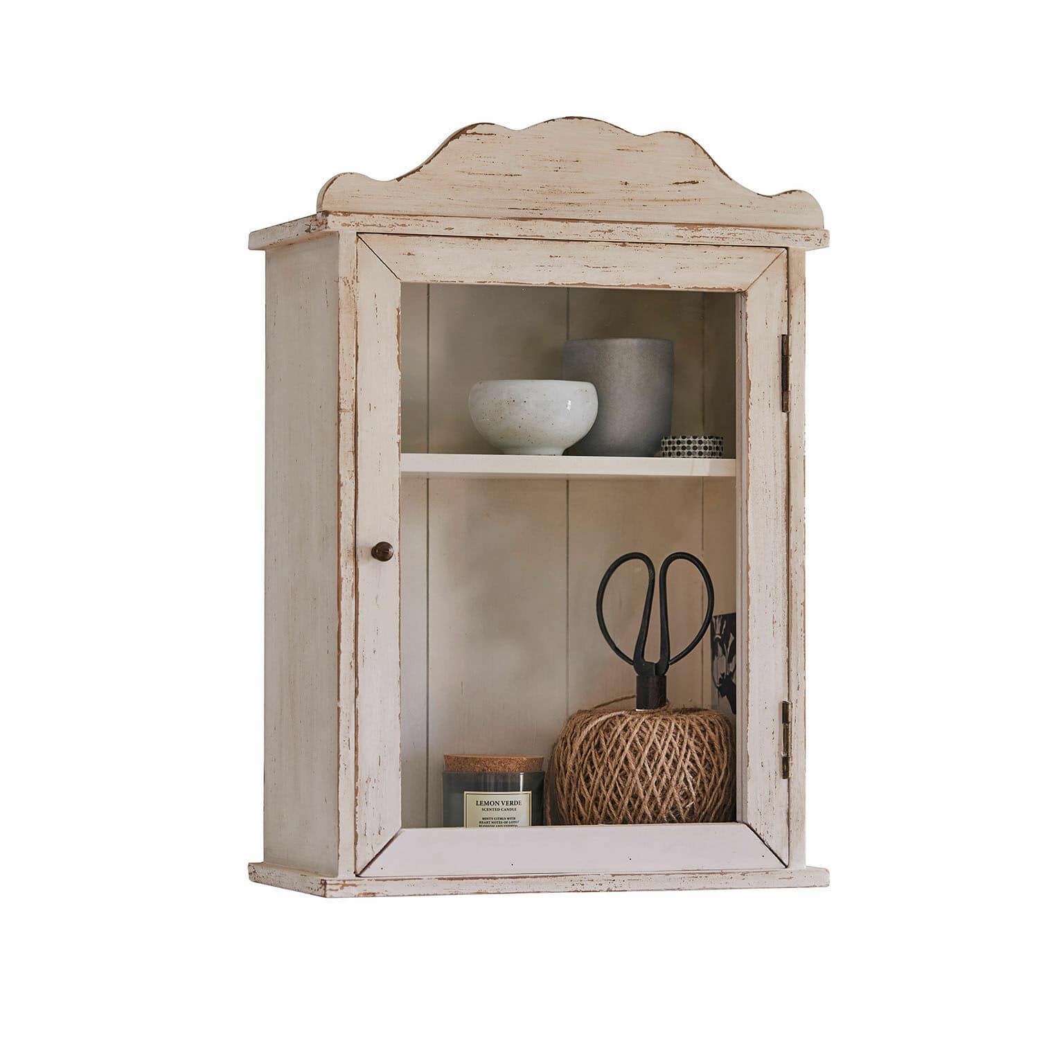 Armario de pared Sandrine Armario de pared rústico de madera blanca con puerta de cristal y estante interior
