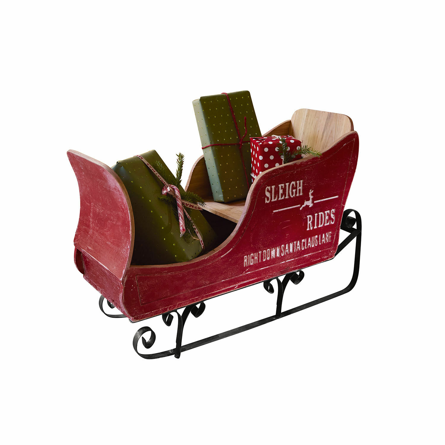 Trineo decorativo Maélys Trineo de madera rojo con patines de metal y regalos envueltos en papel verde y rojo con lunares